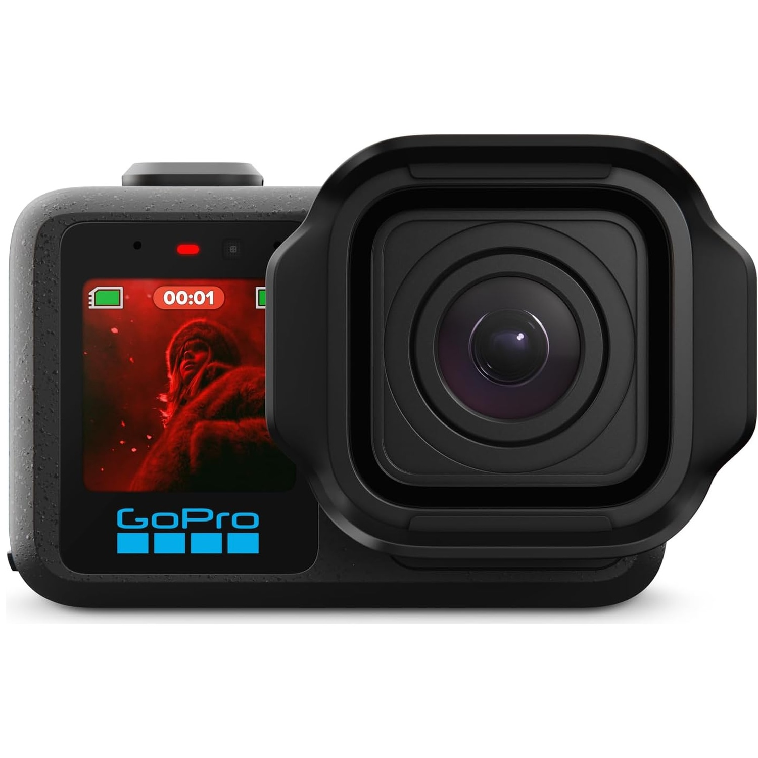 Black GoPro camera with lens cover and 00:01 display.