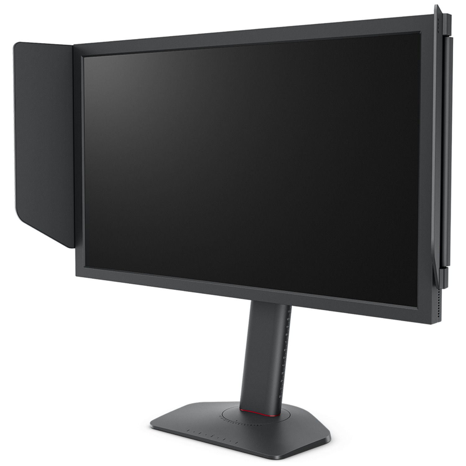 Een zwarte monitor met kap, gemonteerd op een stevige voet.