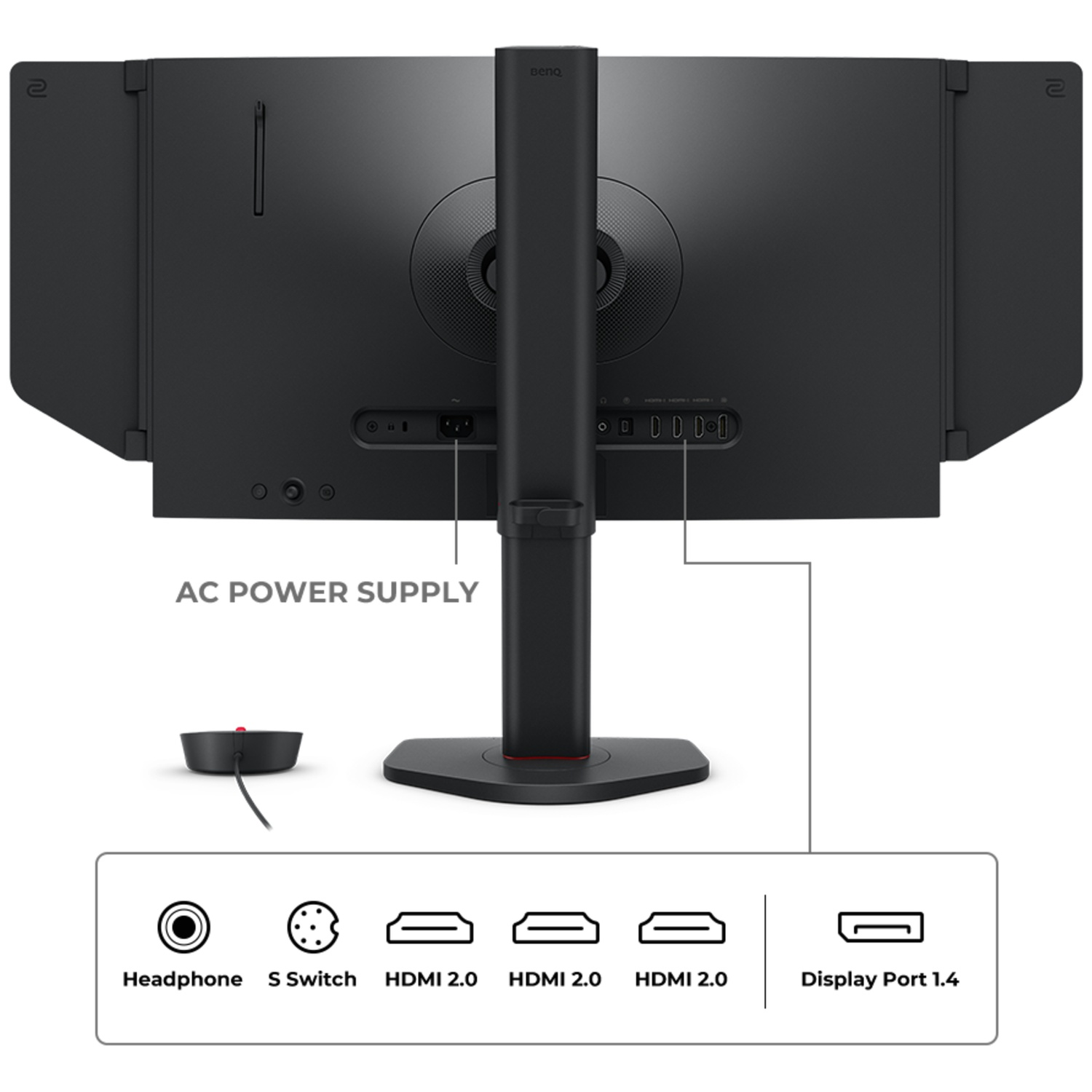 Achterkant van een zwarte monitor met aansluitingen: AC-voeding, koptelefoon, S-Switch, 3x HDMI, DisplayPort.