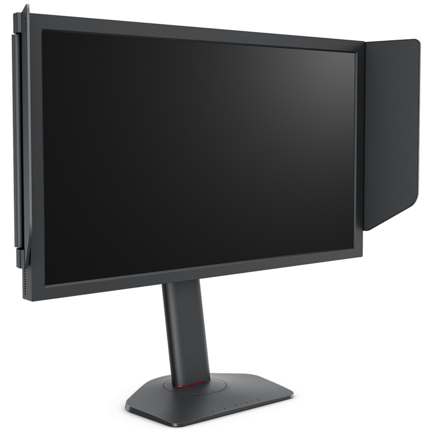 Een zwarte computermonitor met een verstelbare standaard en zijschermen.