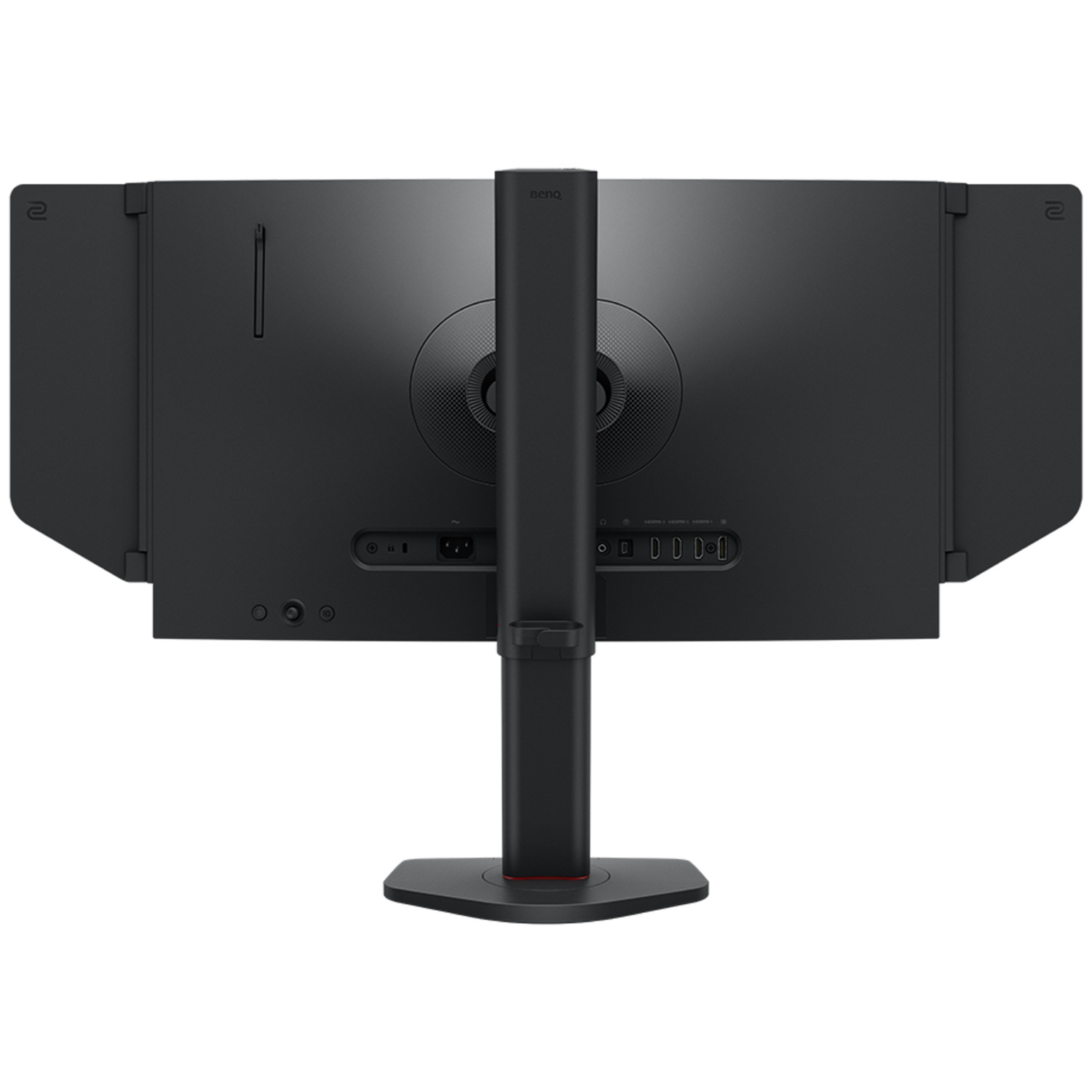 Achterkant van een zwarte monitor met standaard en poorten.