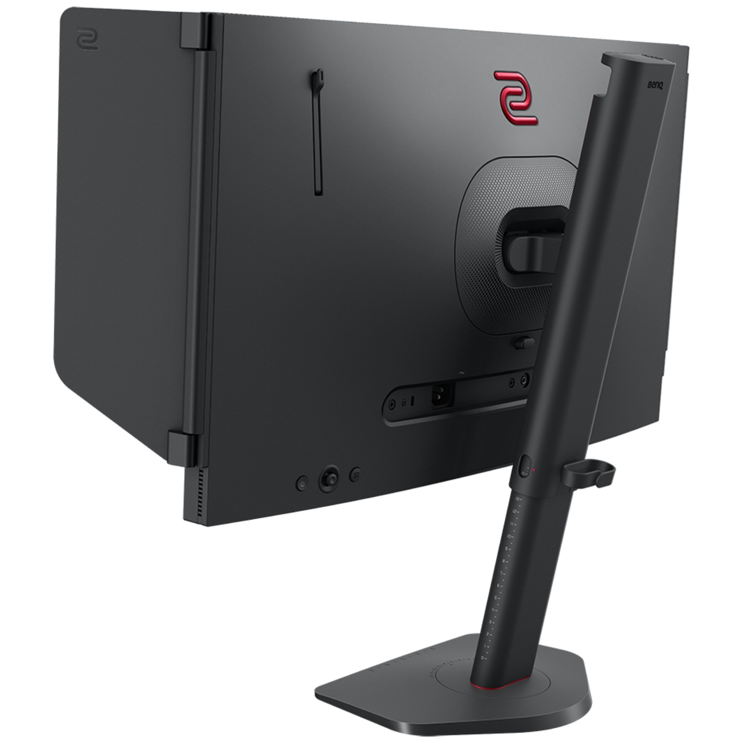 Achterkant van een zwarte monitor met rood logo en verstelbare standaard.