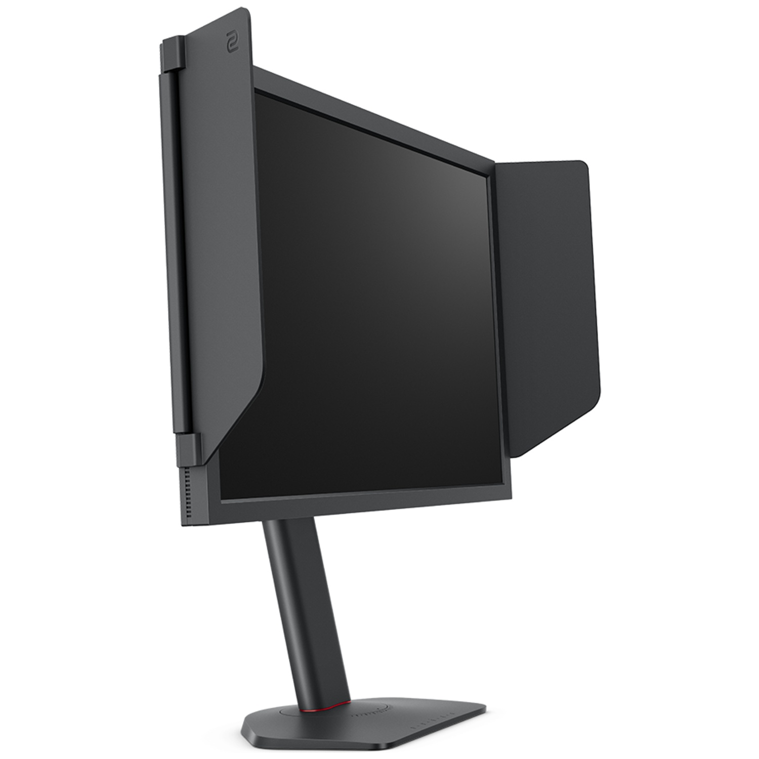Een zwarte monitor met zijschermen op een standaard.