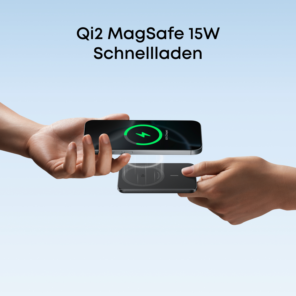 Zwei Hände halten ein Smartphone über ein kabelloses Ladegerät. Der Bildschirm zeigt ein Ladesymbol.