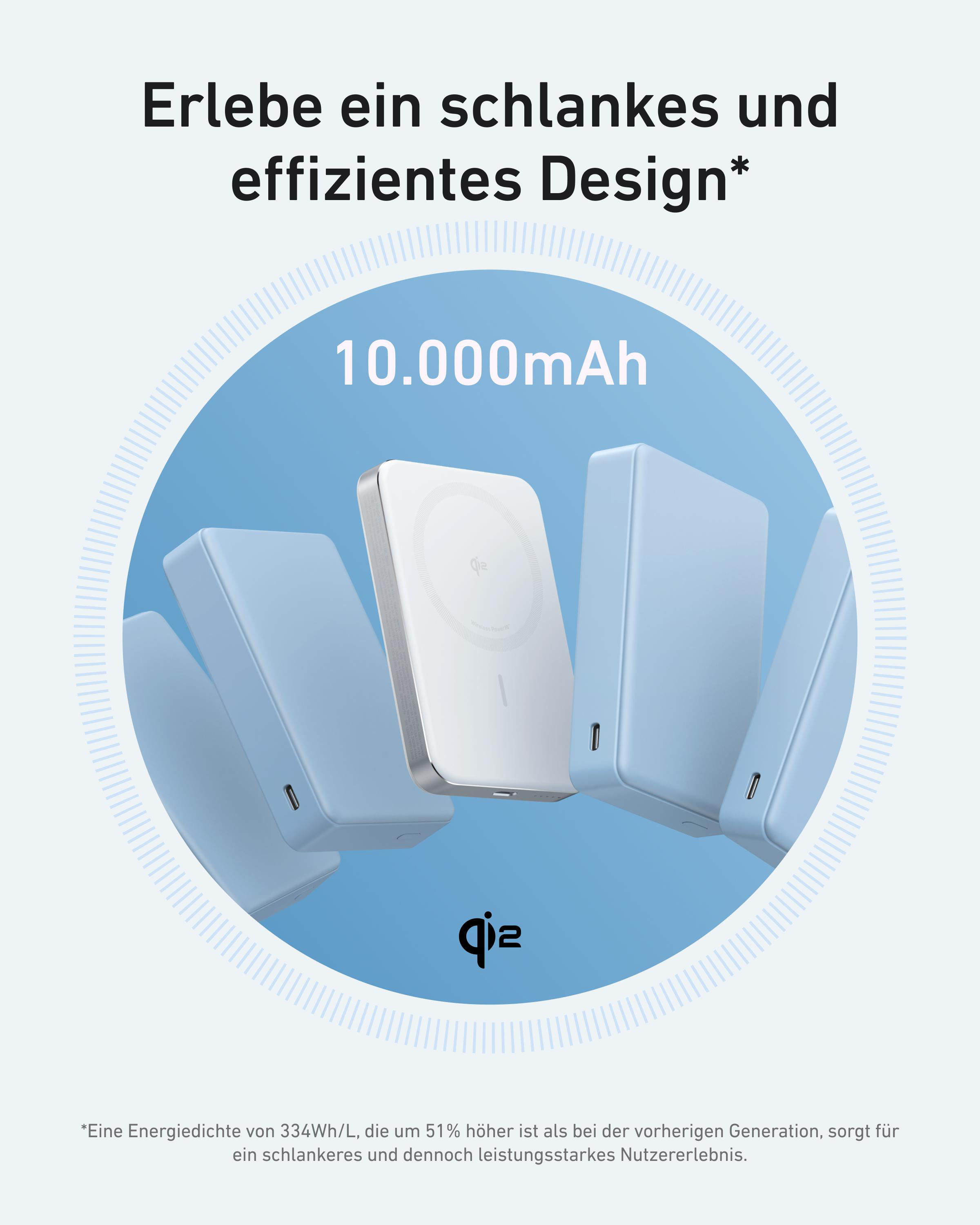 Schlanke Powerbank mit 10.000mAh Kapazität und Qi2-Logo.