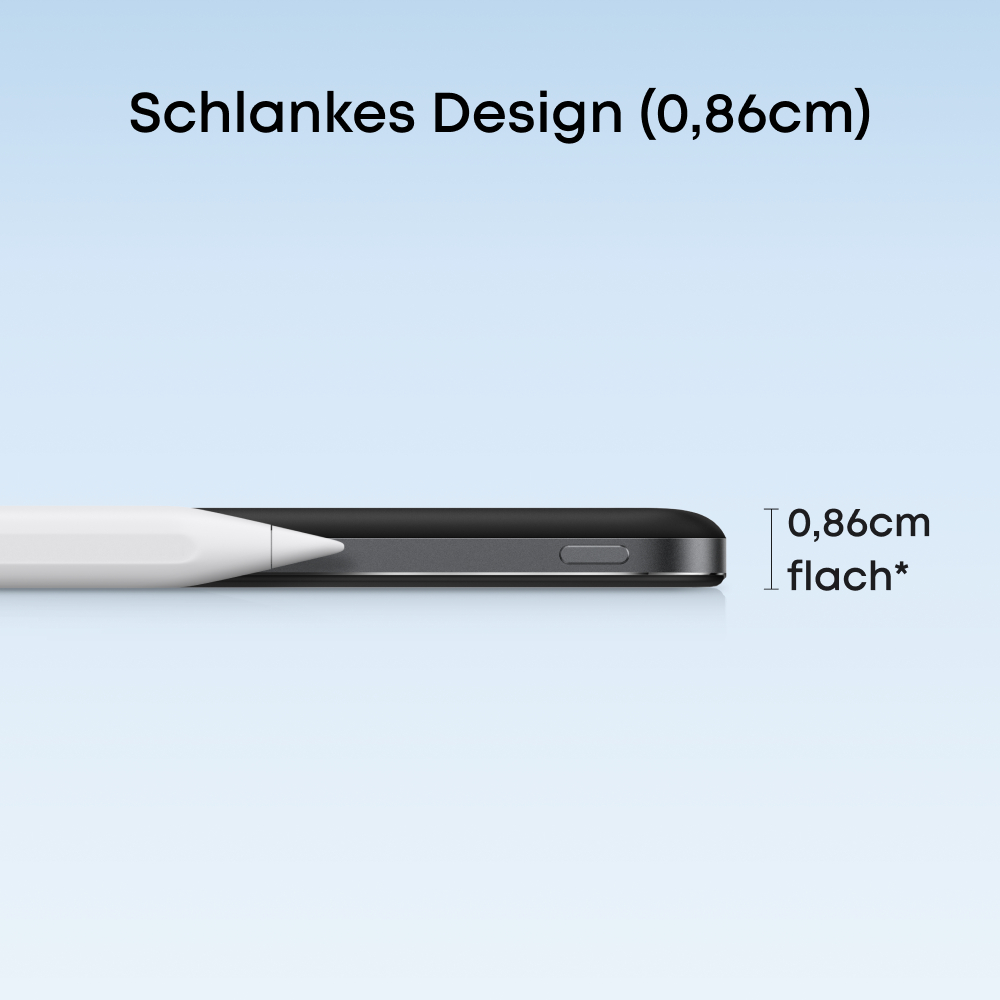 Schlankes Design: Ein weißer Stift auf einem dunklen, flachen Gerät. 0,86cm flach.