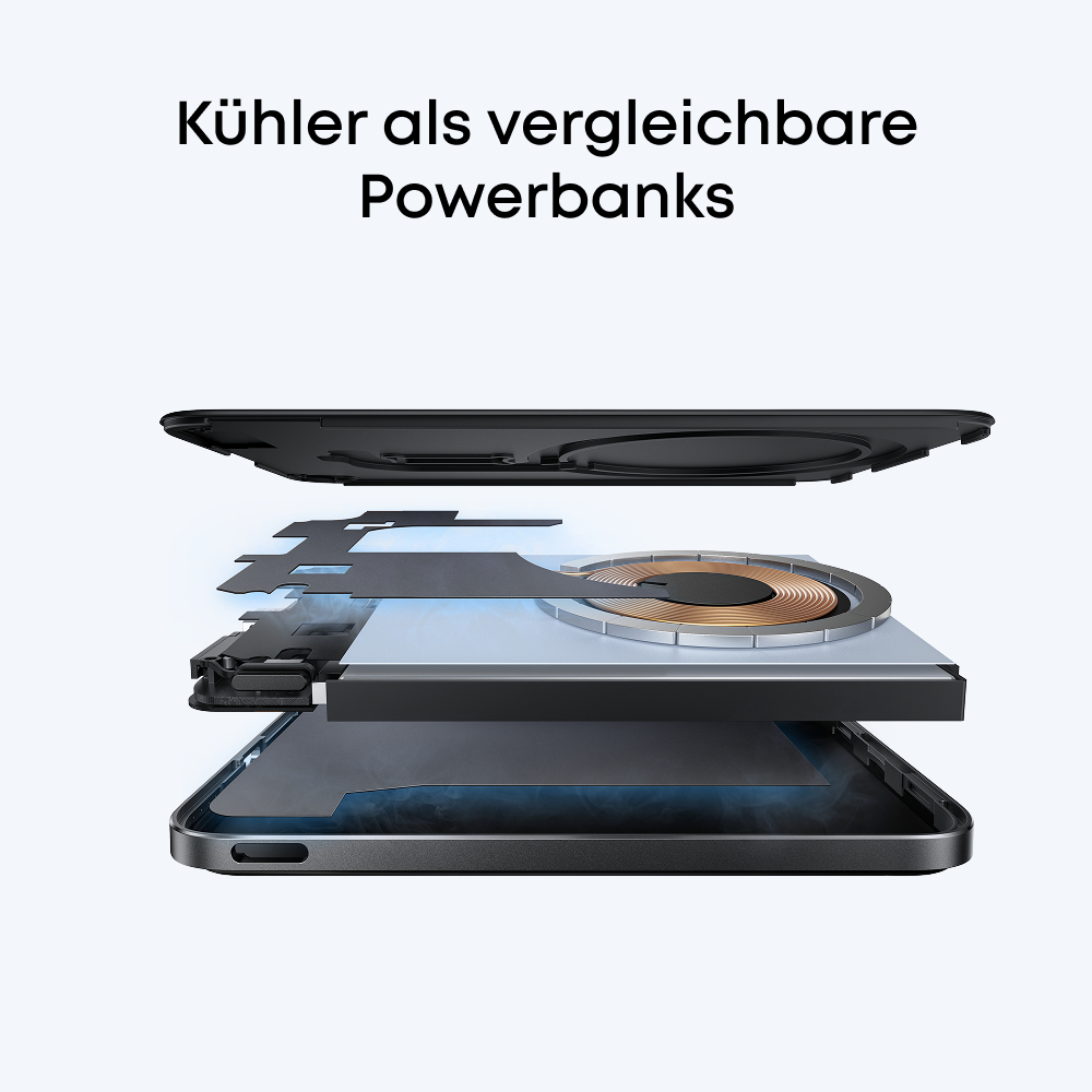 Explodierte Ansicht eines schwarzen Geräts mit Spule und Schichten.