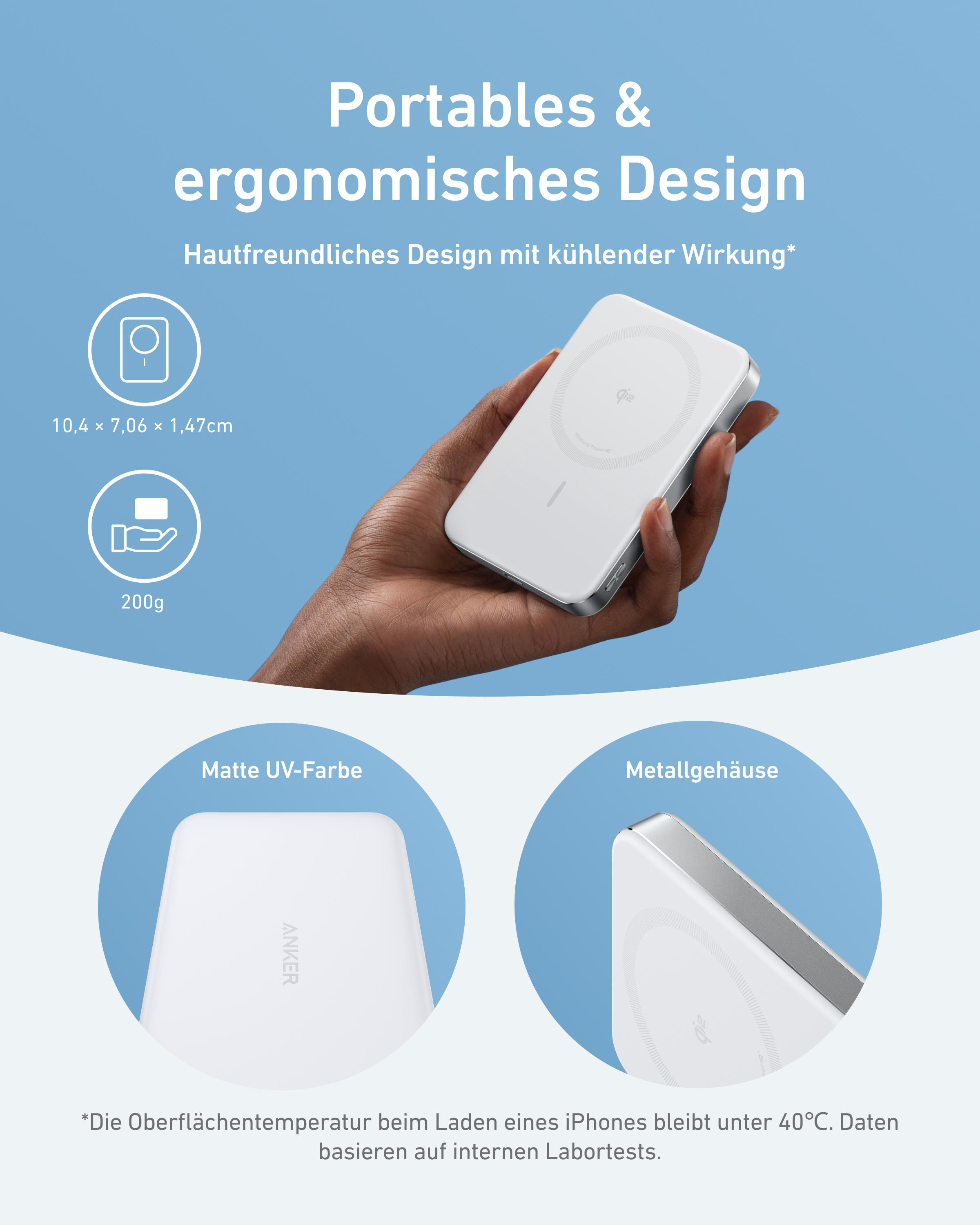 Eine Hand hält ein weißes, flaches Ladegerät mit Metallrand. Maße und Gewicht sind angegeben.
