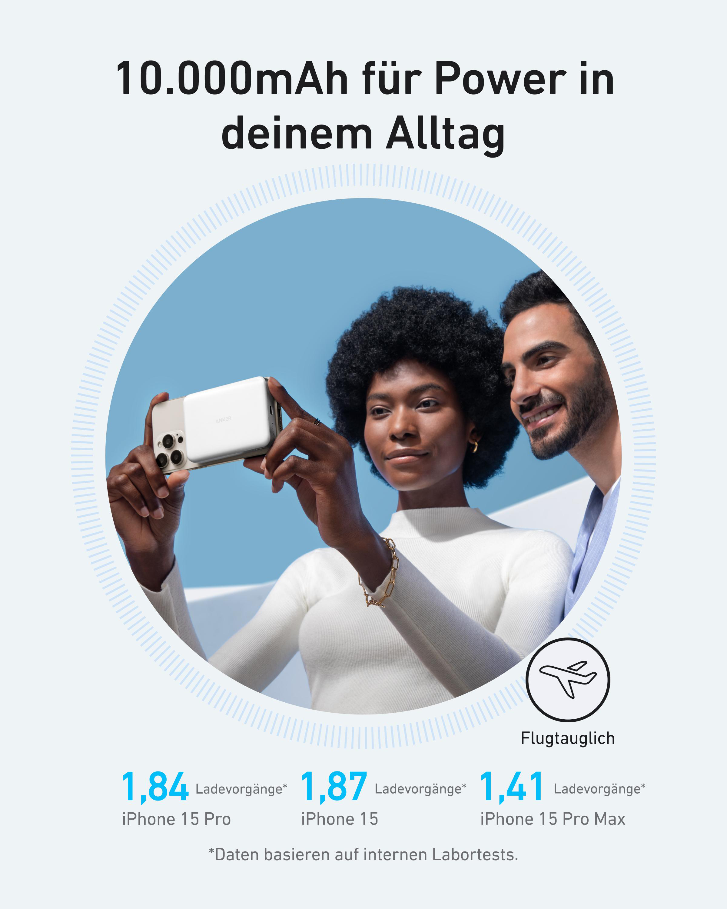 Ein Paar hält ein weißes Powerbank und ein iPhone. Zahlen zeigen Ladekapazität.