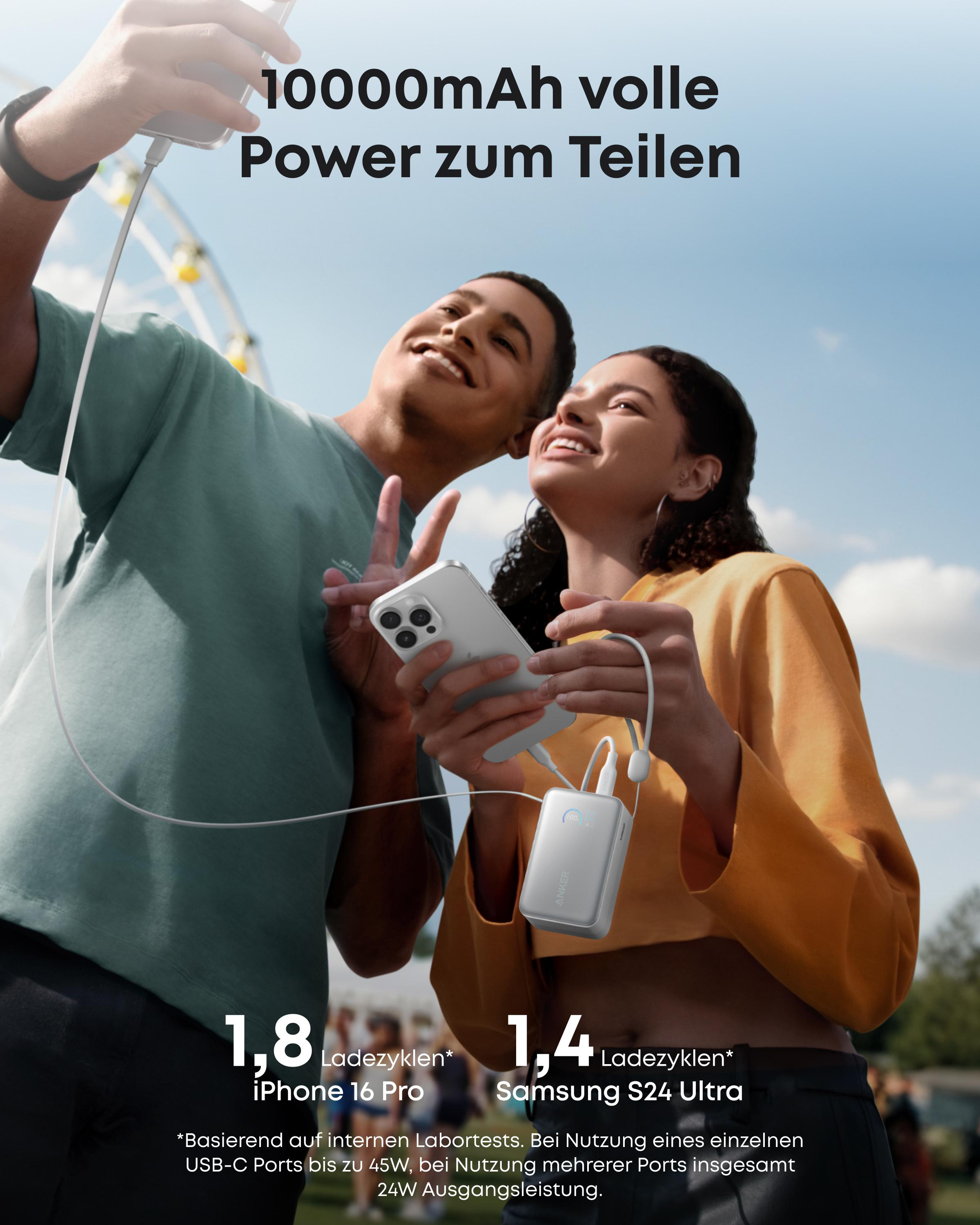 Zwei junge Leute laden ihre Handys mit einer Powerbank auf. Im Hintergrund ist ein Riesenrad zu sehen.