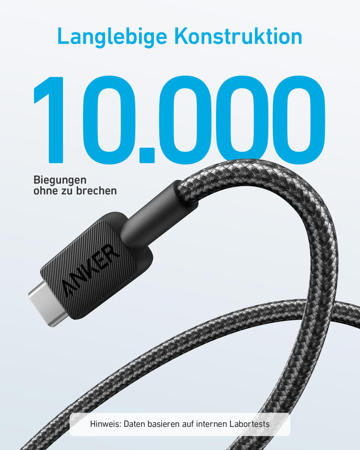 Anker USB-C Kabel, langlebige Konstruktion, 10.000 Biegungen, mit USB-C Stecker.