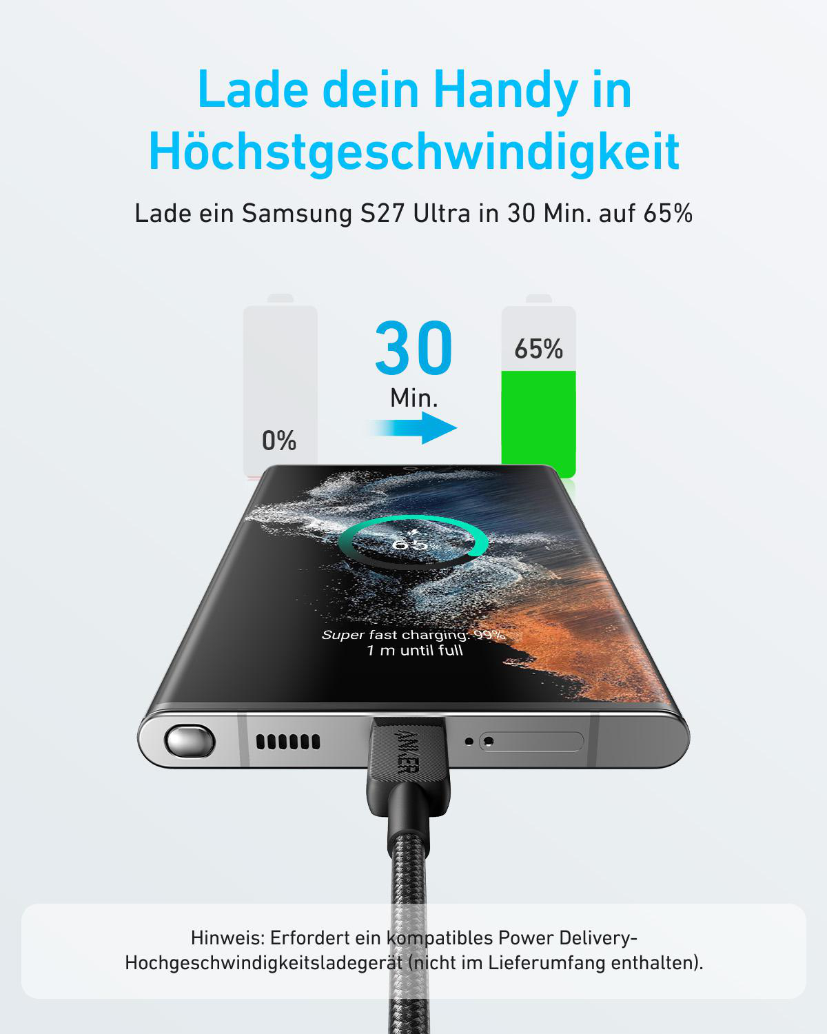 Ein Samsung S27 Ultra wird mit einem Anker-Kabel schnell geladen.