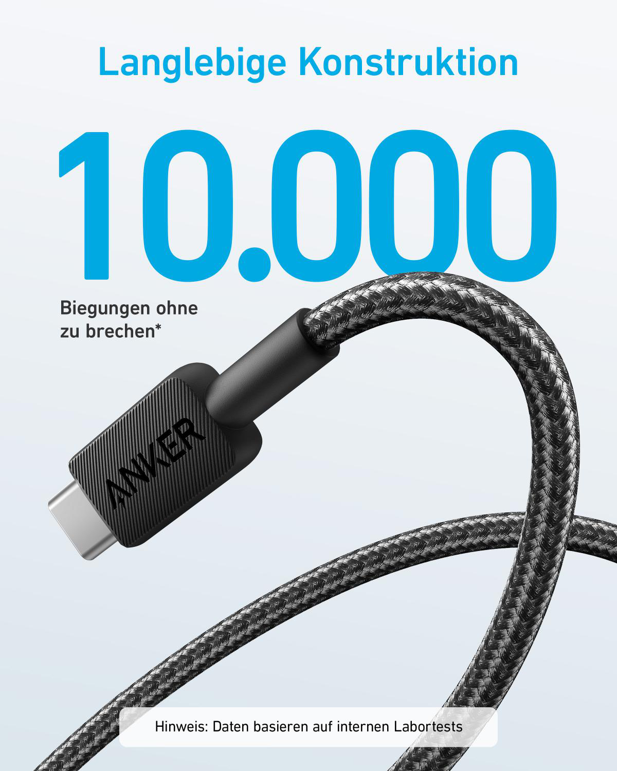 Anker USB-C Kabel mit 10.000 Biegungen und robuster Konstruktion.