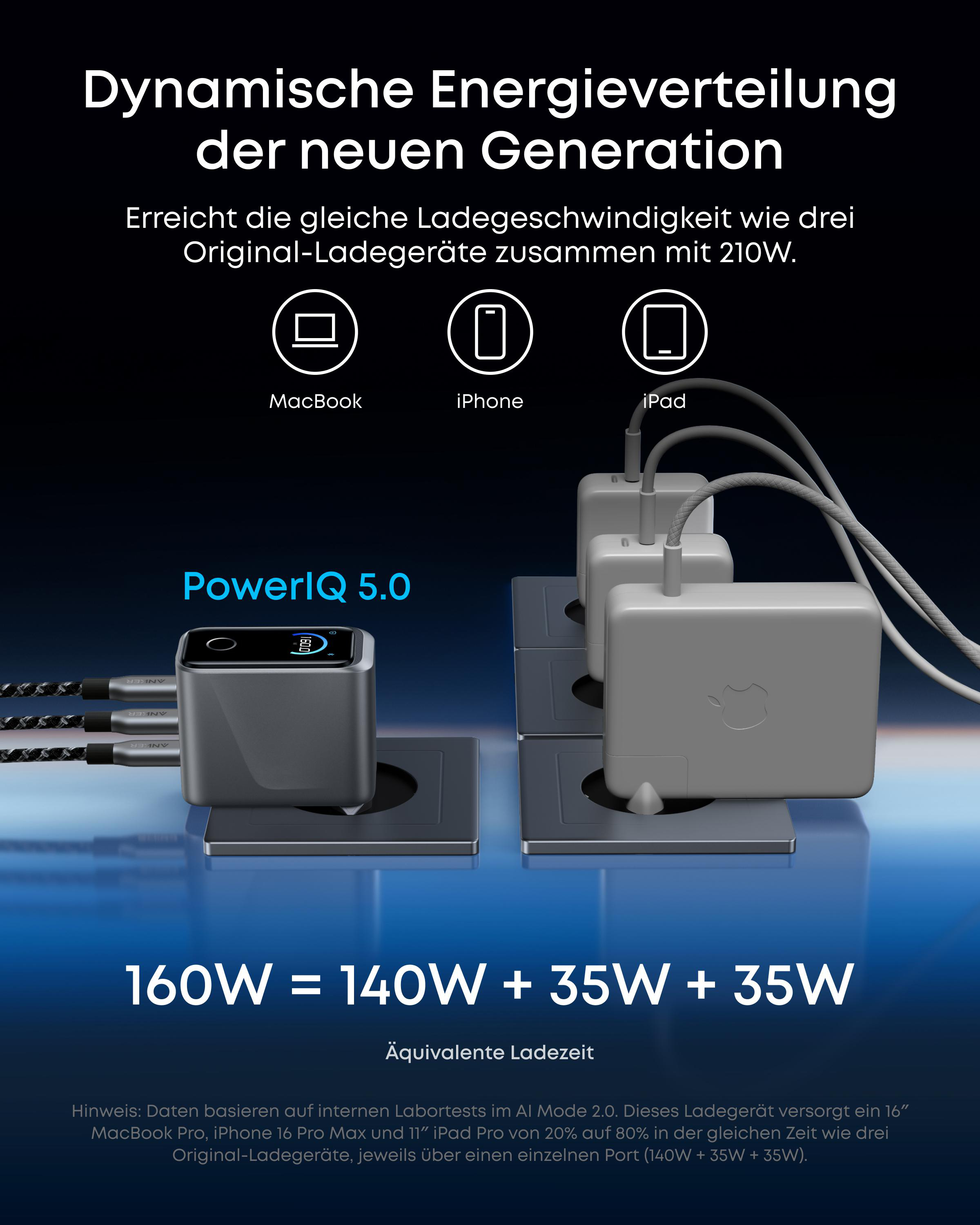 Ein schwarzer Ladeadapter mit drei weißen Apple-Netzteilen und Kabeln.