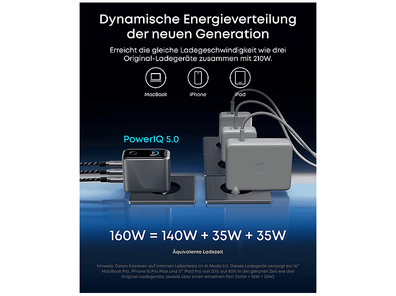 ANKER Prime (160W, 3 Ports, GaNPrime) Ladegerät Universal 160 W, Silver