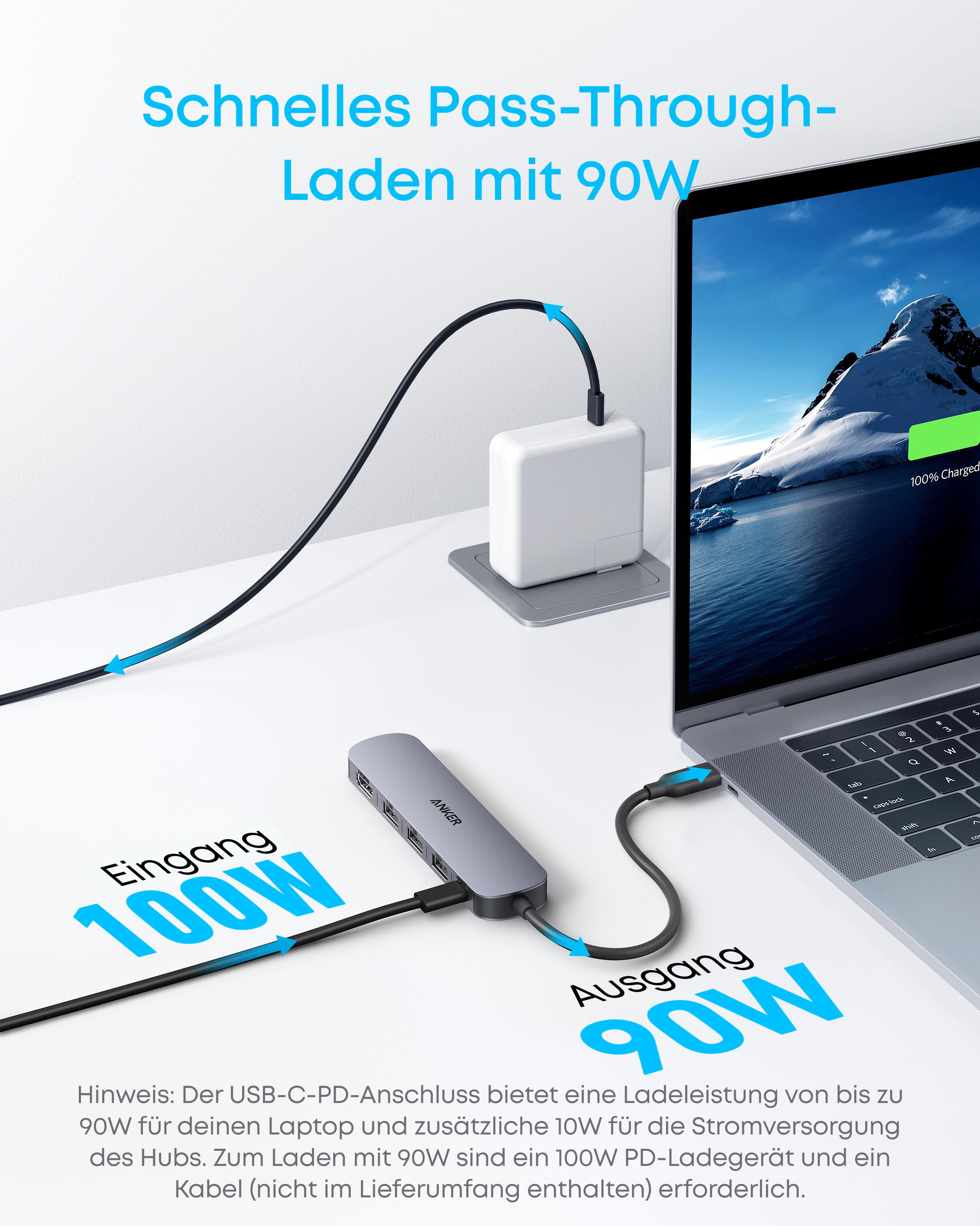 Anker-Hub an Laptop angeschlossen. 100W Eingang, 90W Ausgang. Ladegerät in Wandsteckdose.