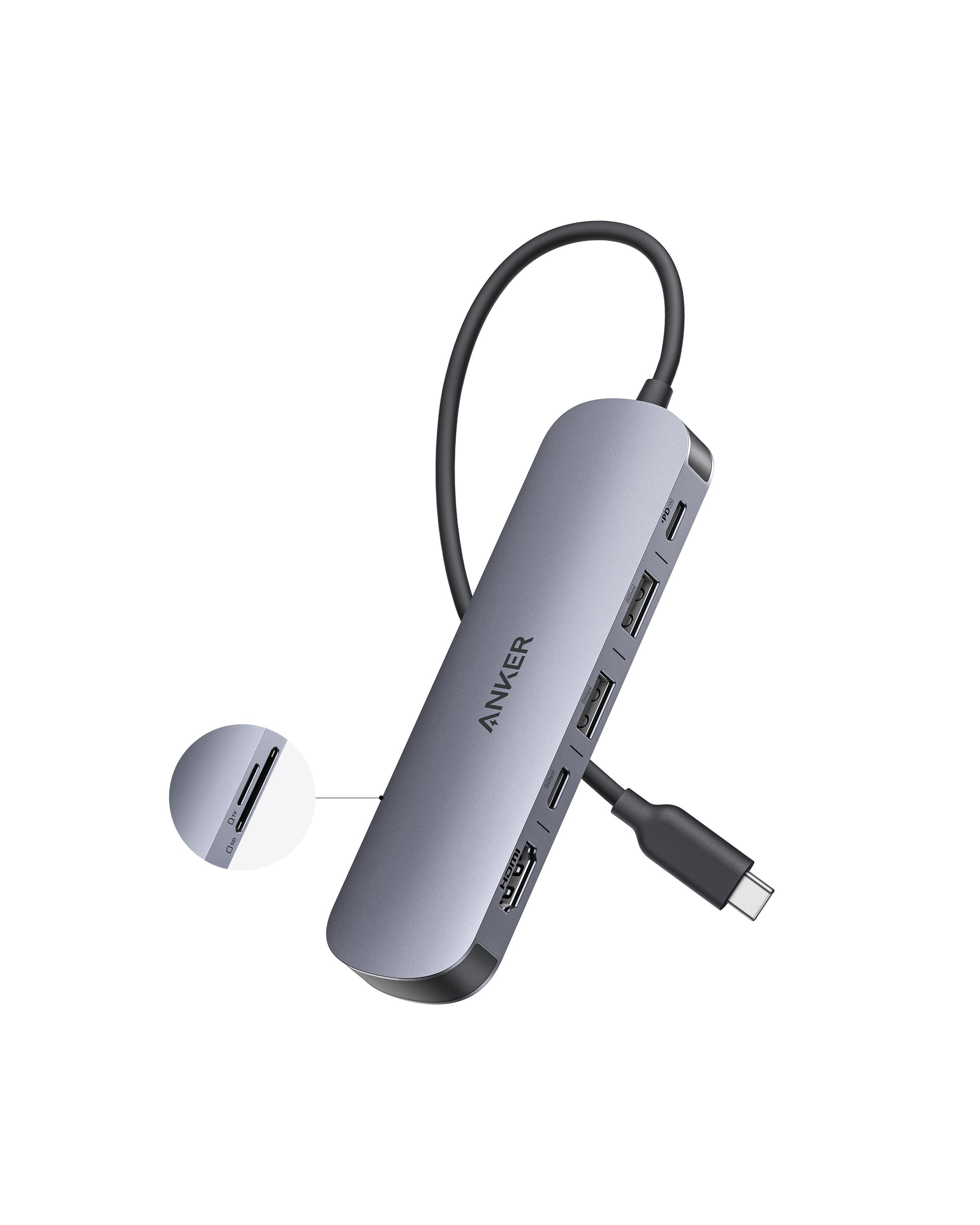 Grauer Anker USB-C-Hub mit HDMI-, USB-A-Anschlüssen und SD/TF-Kartenlesern.