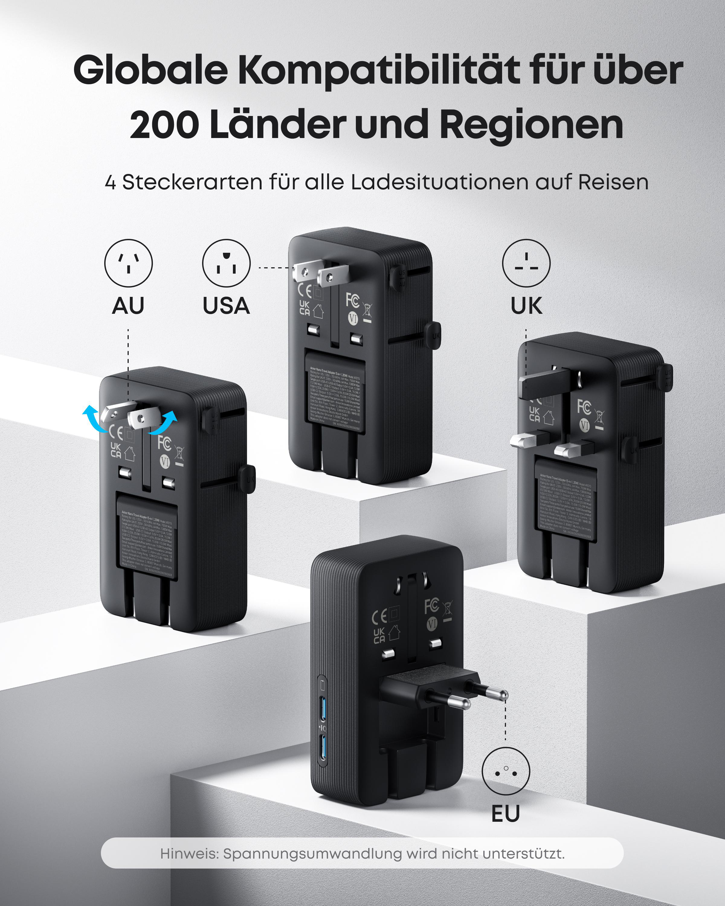 Reiseadapter mit austauschbaren Steckern für AU, USA, UK und EU.