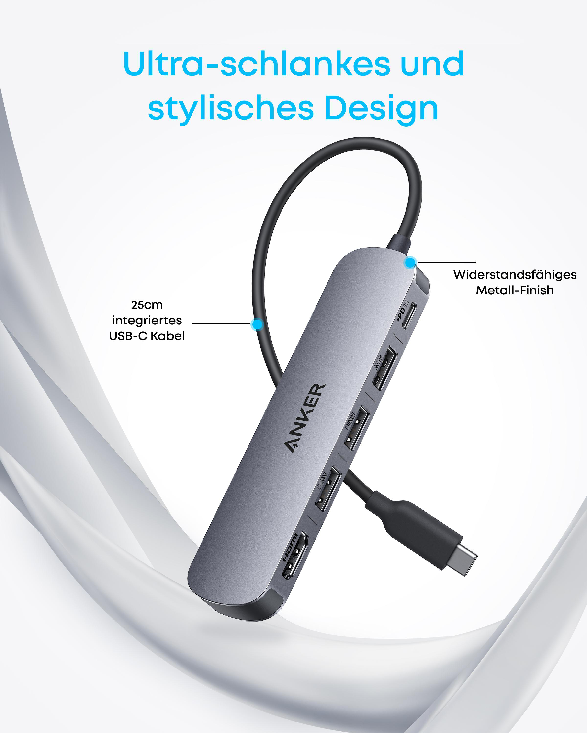 Grauer Anker USB-C Hub mit mehreren Anschlüssen und integriertem Kabel.