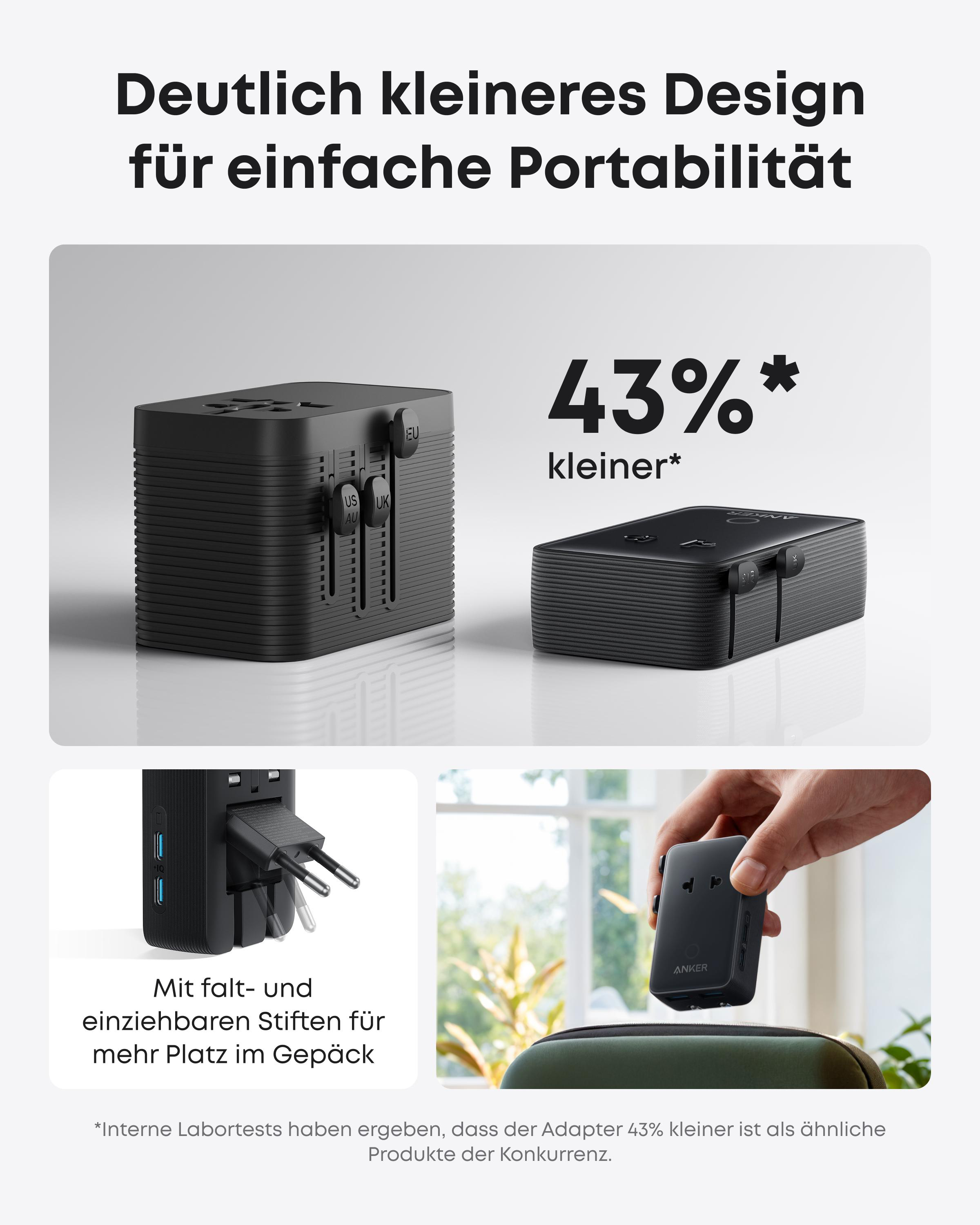 Ein schwarzer Reiseadapter mit ausziehbaren Stiften und 43% kleinerem Design.