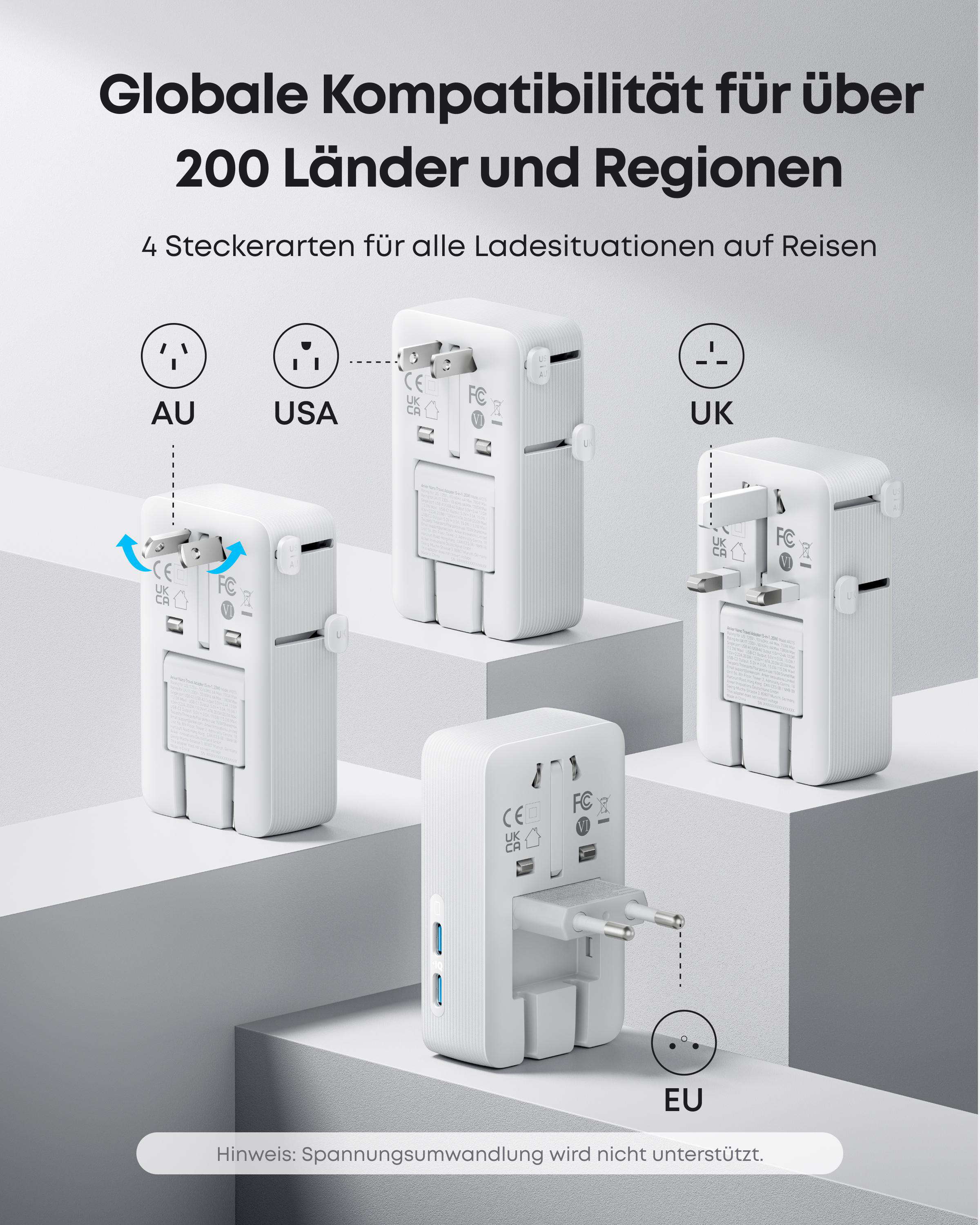 Weiße Reiseadapter mit ausziehbaren Steckern für AU, USA, UK, EU. Mehrere USB-Anschlüsse.