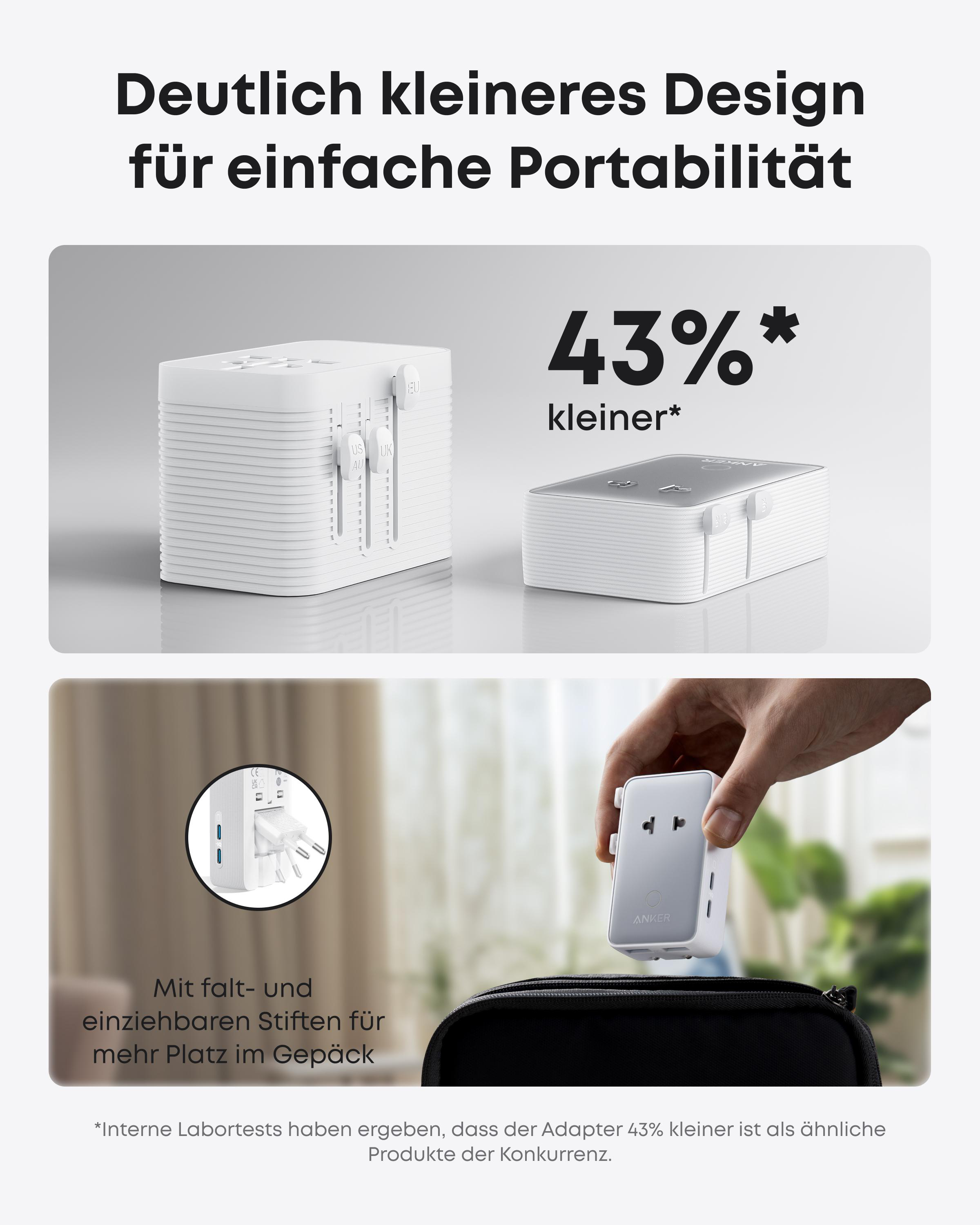 Zwei weiße Reiseadapter, einer mit ausklappbaren Stiften, daneben 