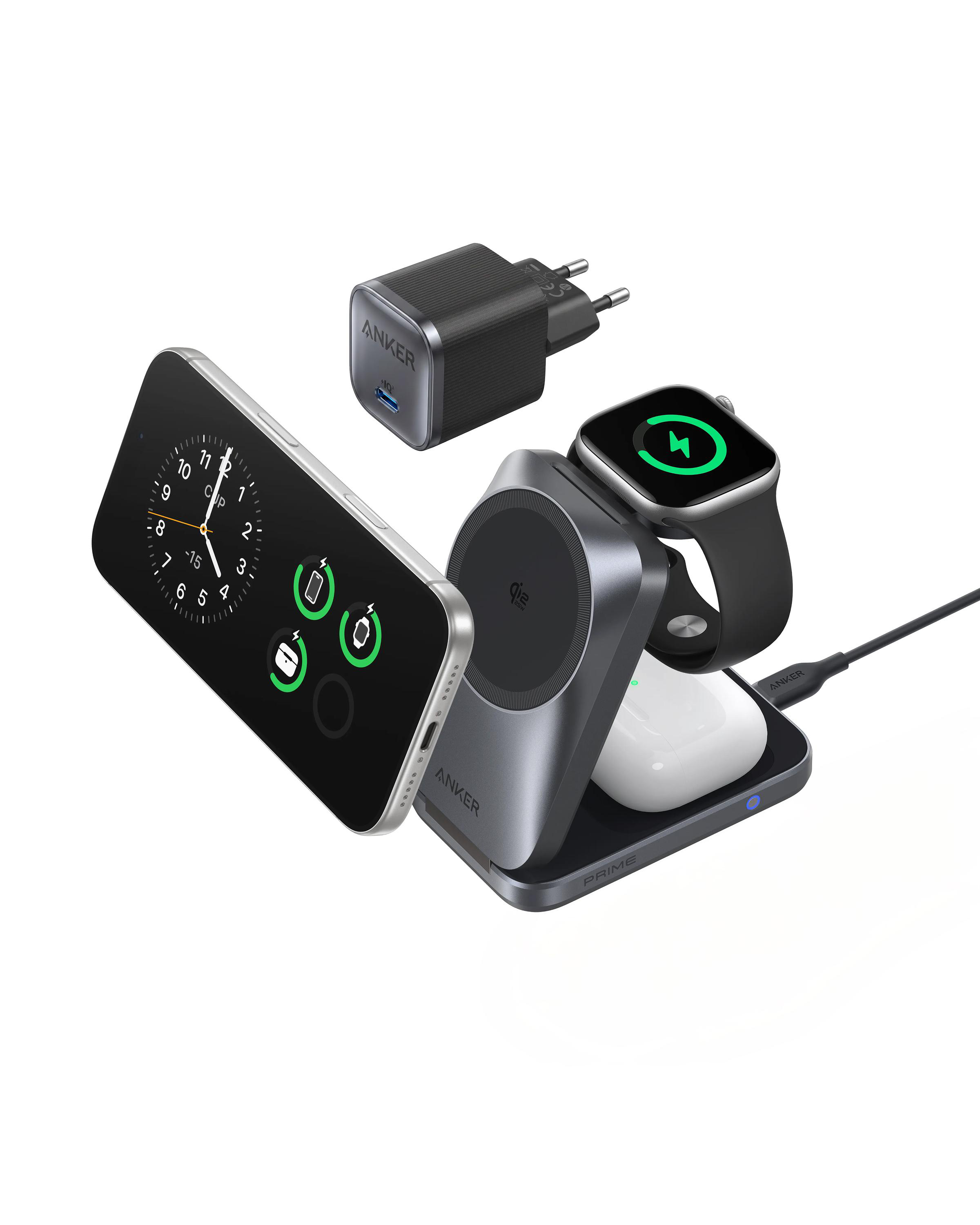 Ein Anker-Ladegerät mit Telefon, Uhr und Ohrhörern.