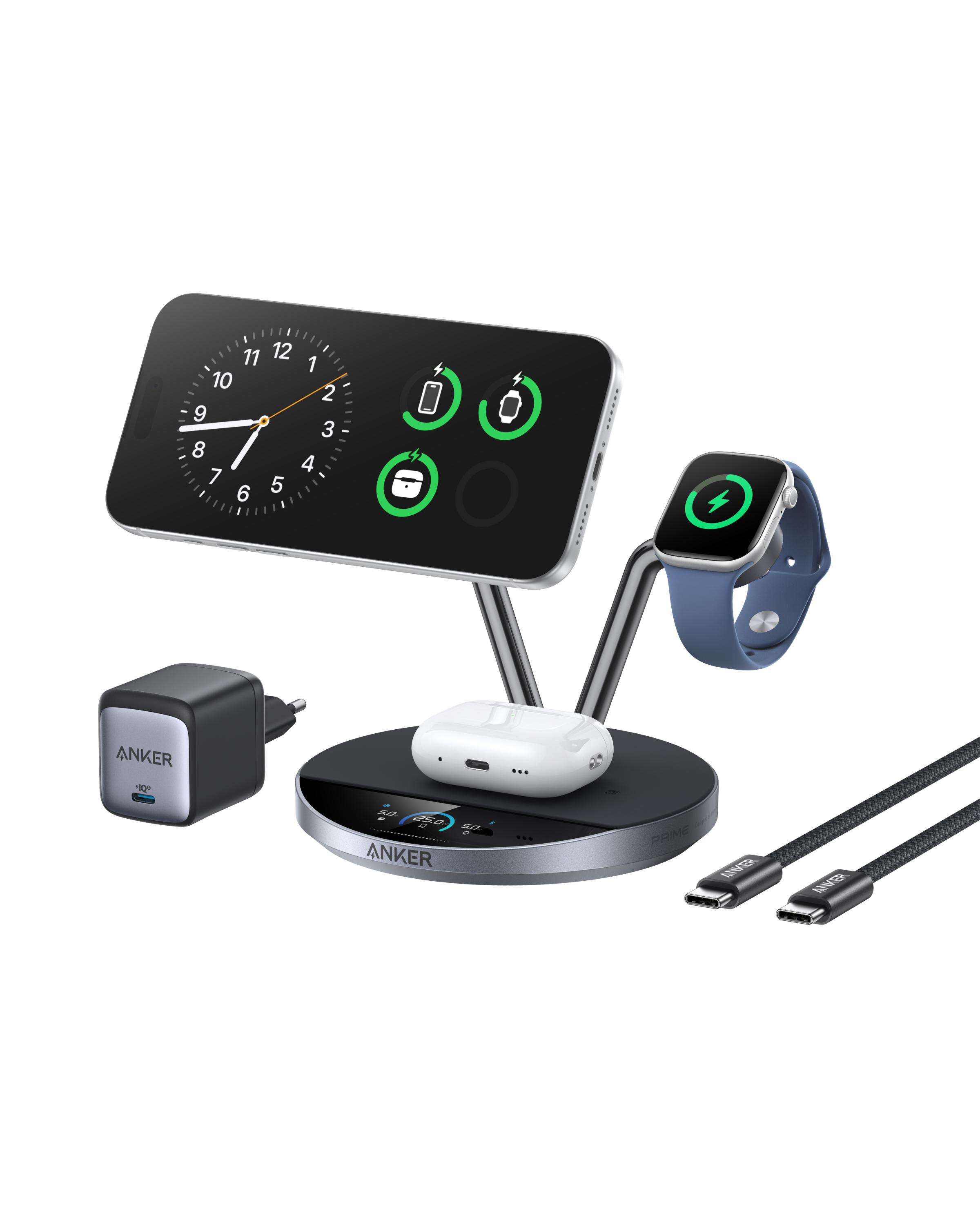 Eine Anker Ladestation mit Telefon, Uhr, Ohrhörern, Ladegerät und Kabeln.