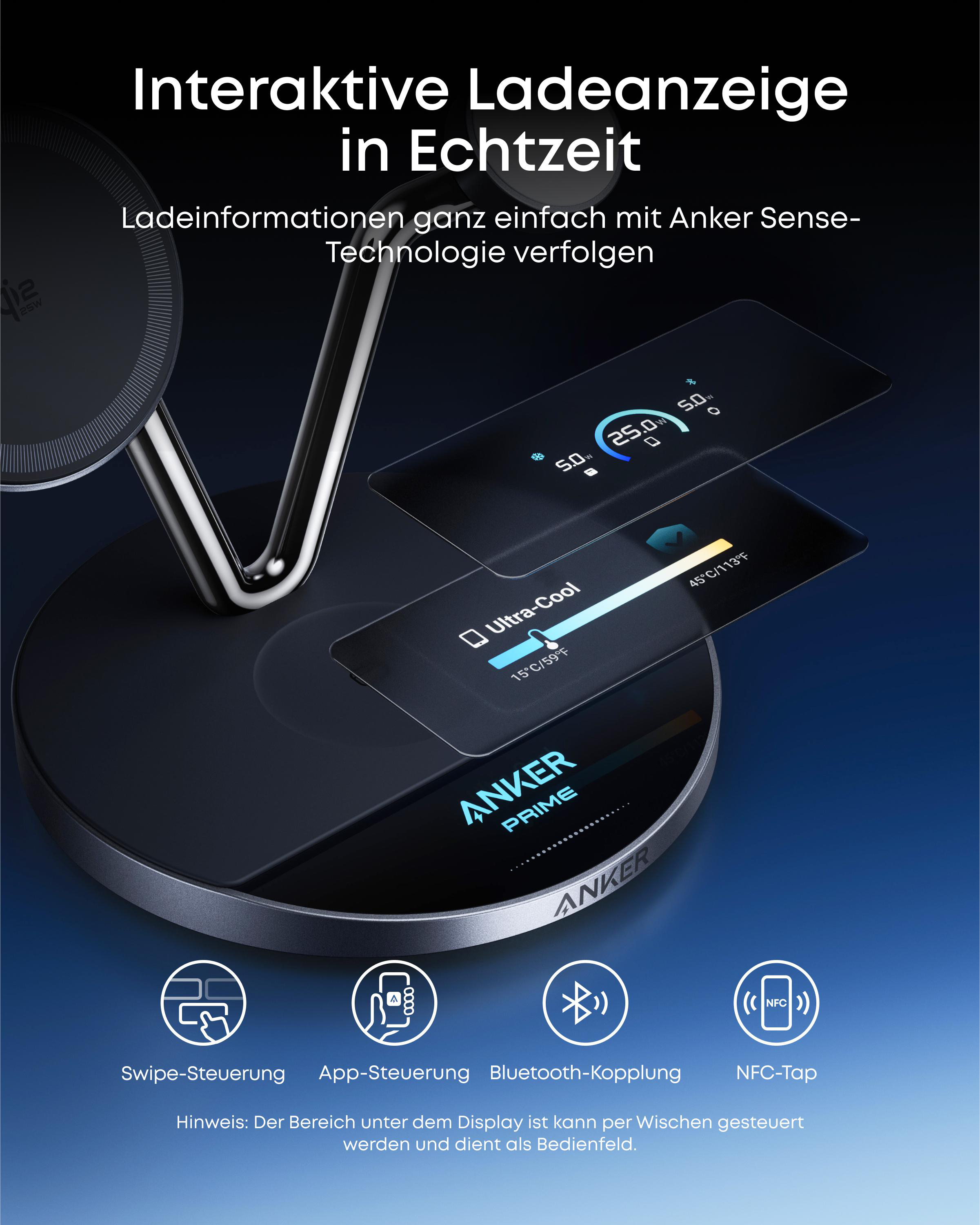 Eine schwarze Ladestation mit zwei Displays, die Ladeinformationen anzeigen.