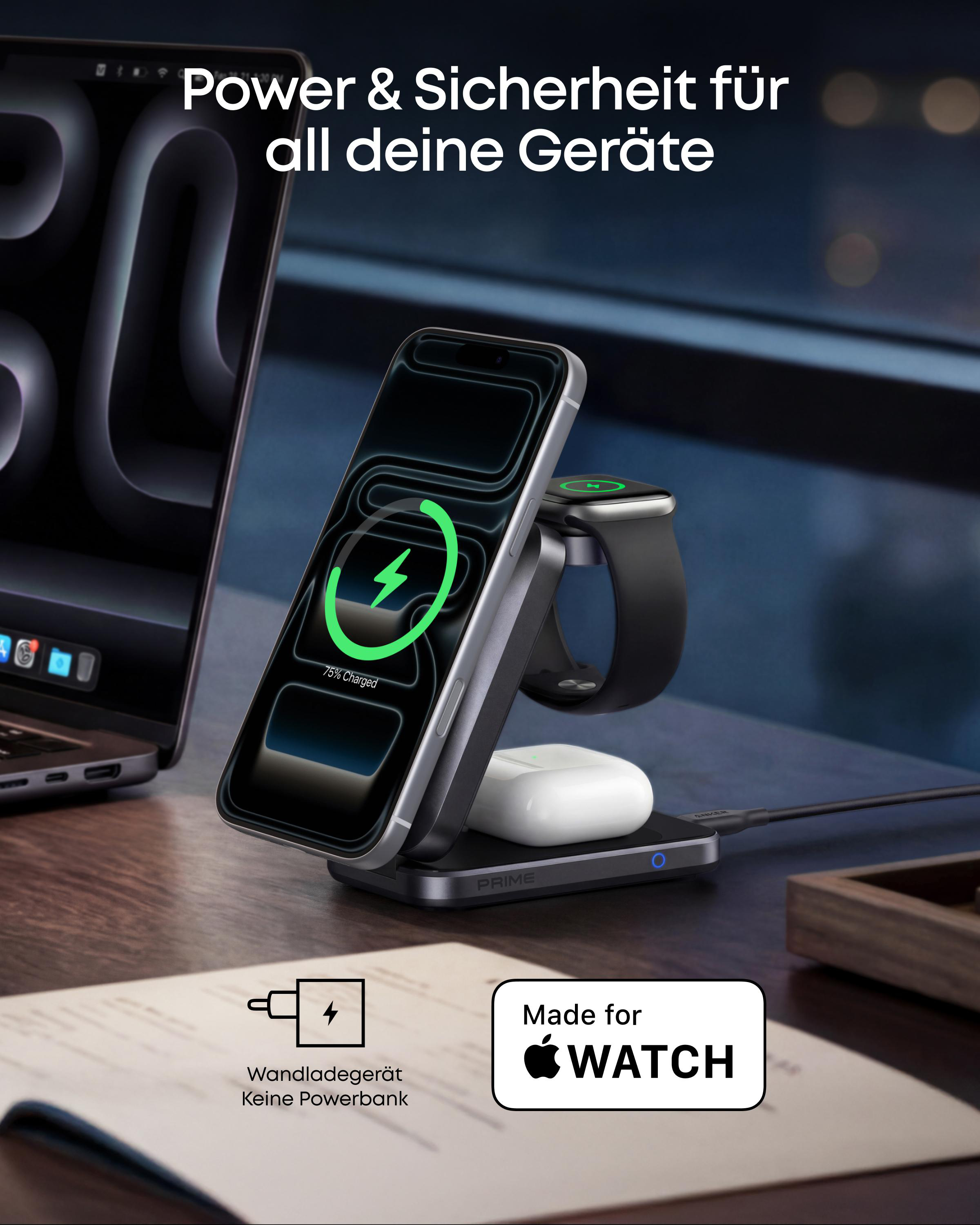 Ein Lade-Ständer für iPhone, Apple Watch & AirPods auf einem Schreibtisch.