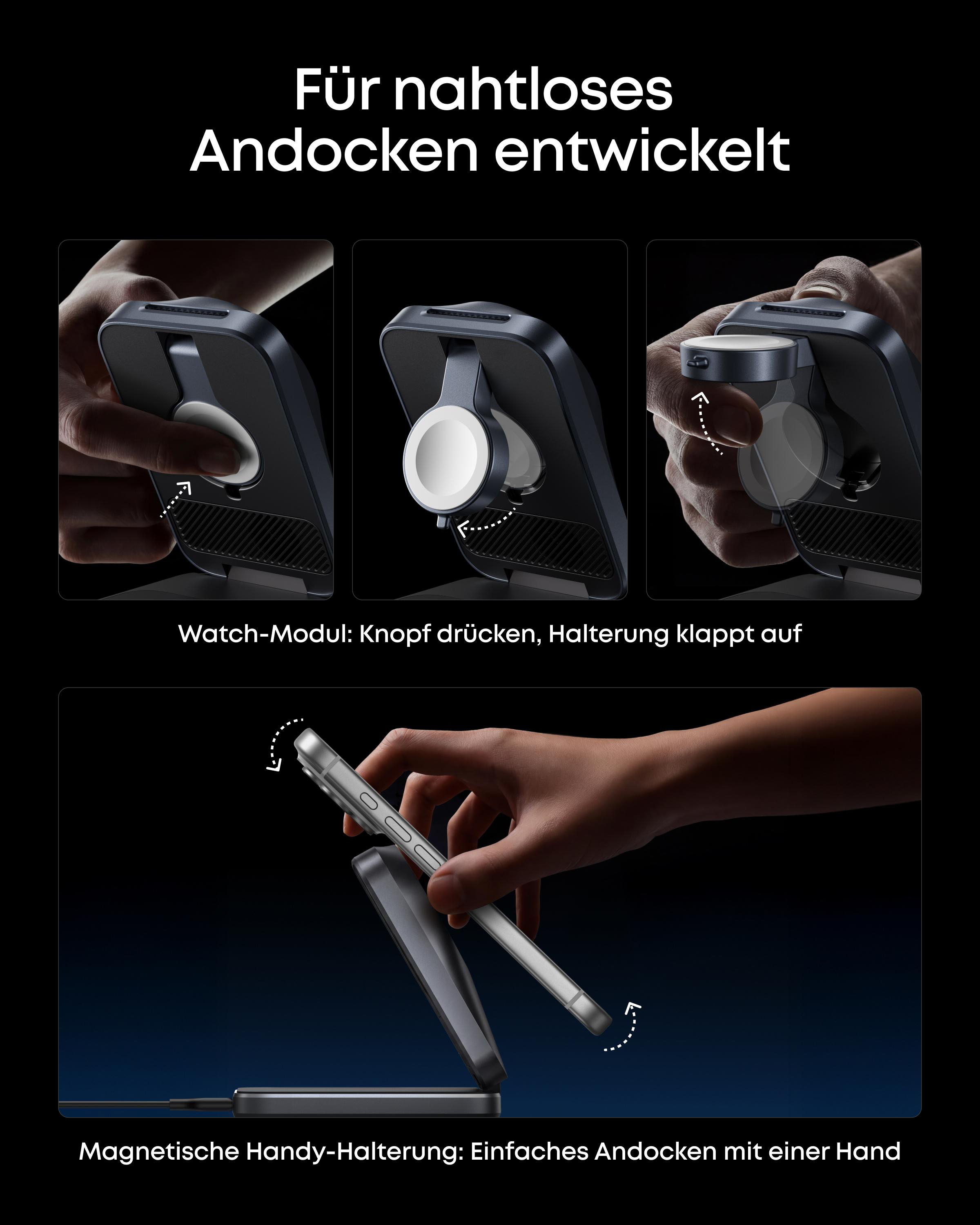 Produktbilder zeigen ein Uhrenmodul und eine Handyhalterung, die magnetisch andocken.