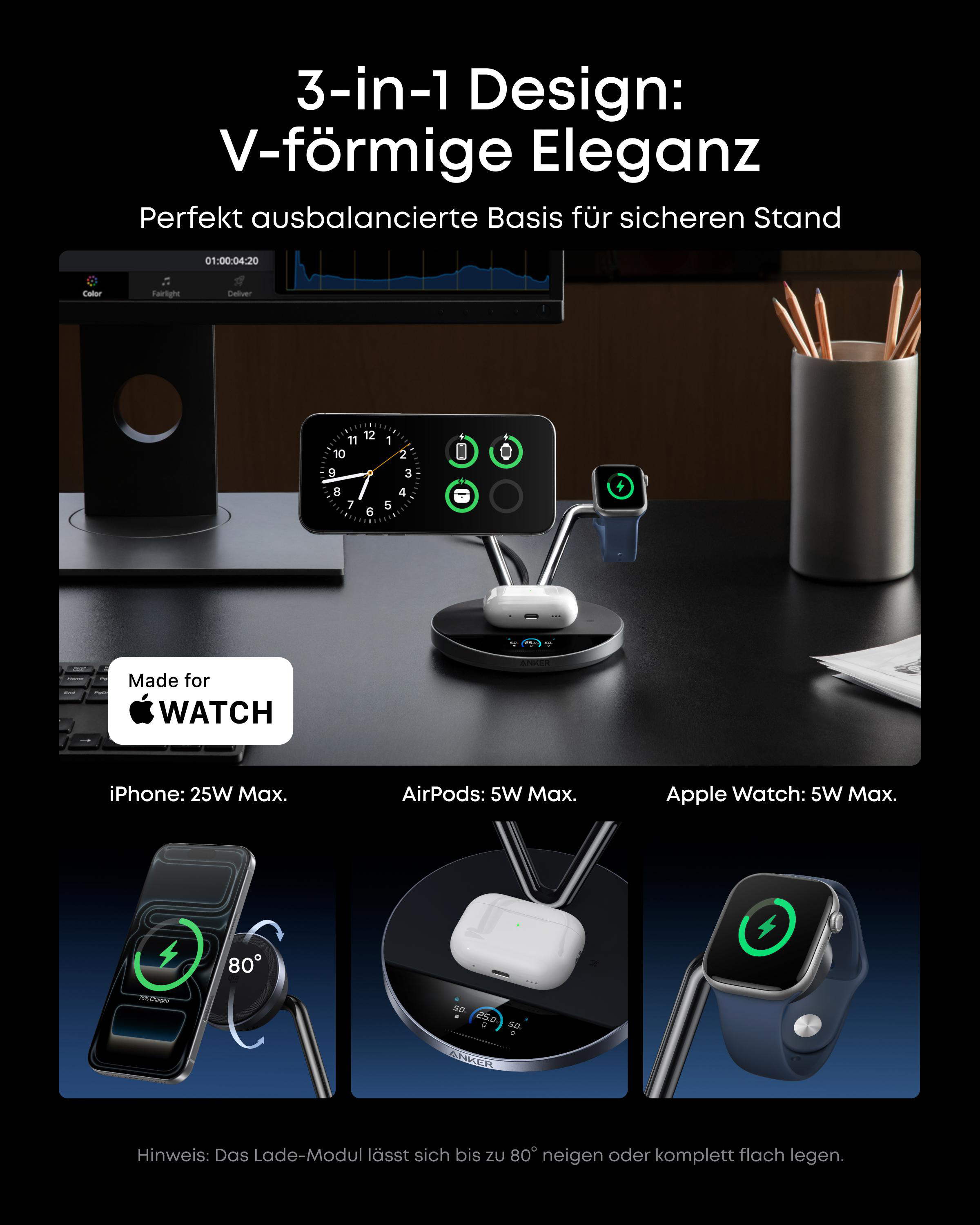3-in-1 Ladestation mit iPhone, AirPods und Apple Watch. Ladeanzeigen sichtbar.