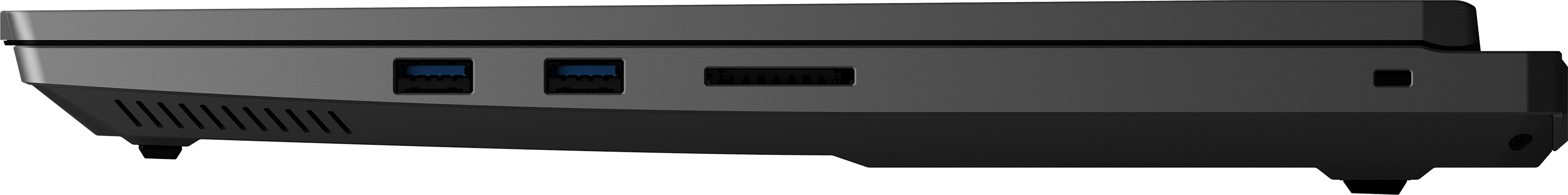Seitenansicht eines schwarzen Laptops mit USB-Anschlüssen und Lüftungsschlitzen.