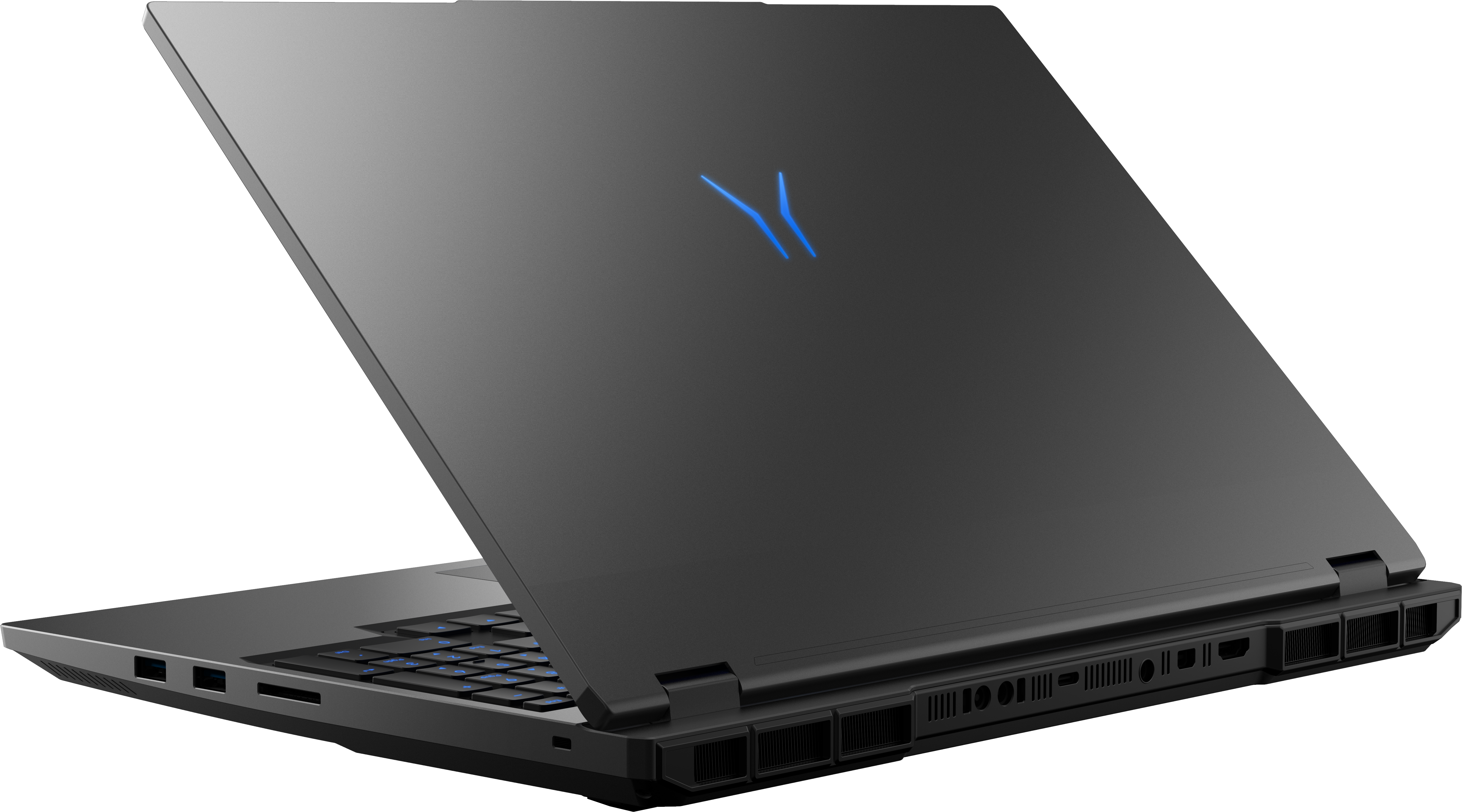 Ein schwarzer Laptop mit blauem Logo, geöffnet, mit beleuchteter Tastatur.