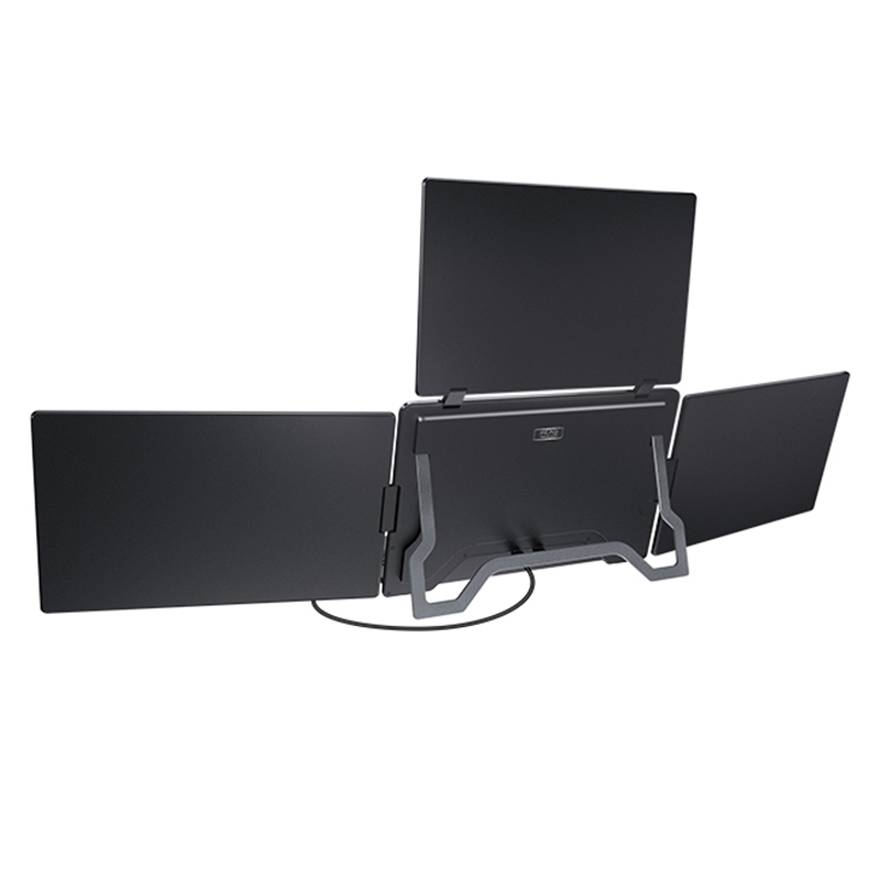 Gri stand üzerinde siyah taşınabilir üçlü monitör.