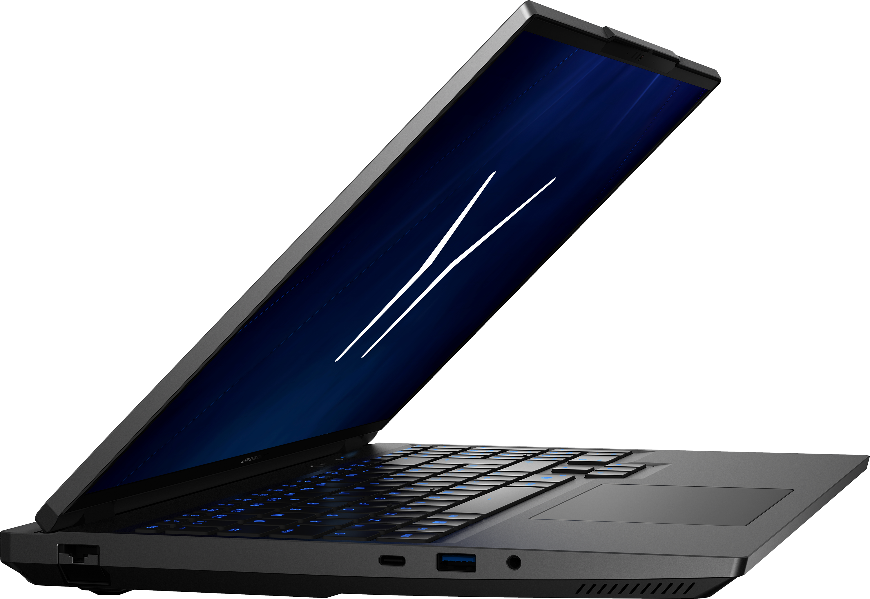 Ein geöffneter Laptop mit blauem Hintergrundbild und beleuchteter Tastatur.