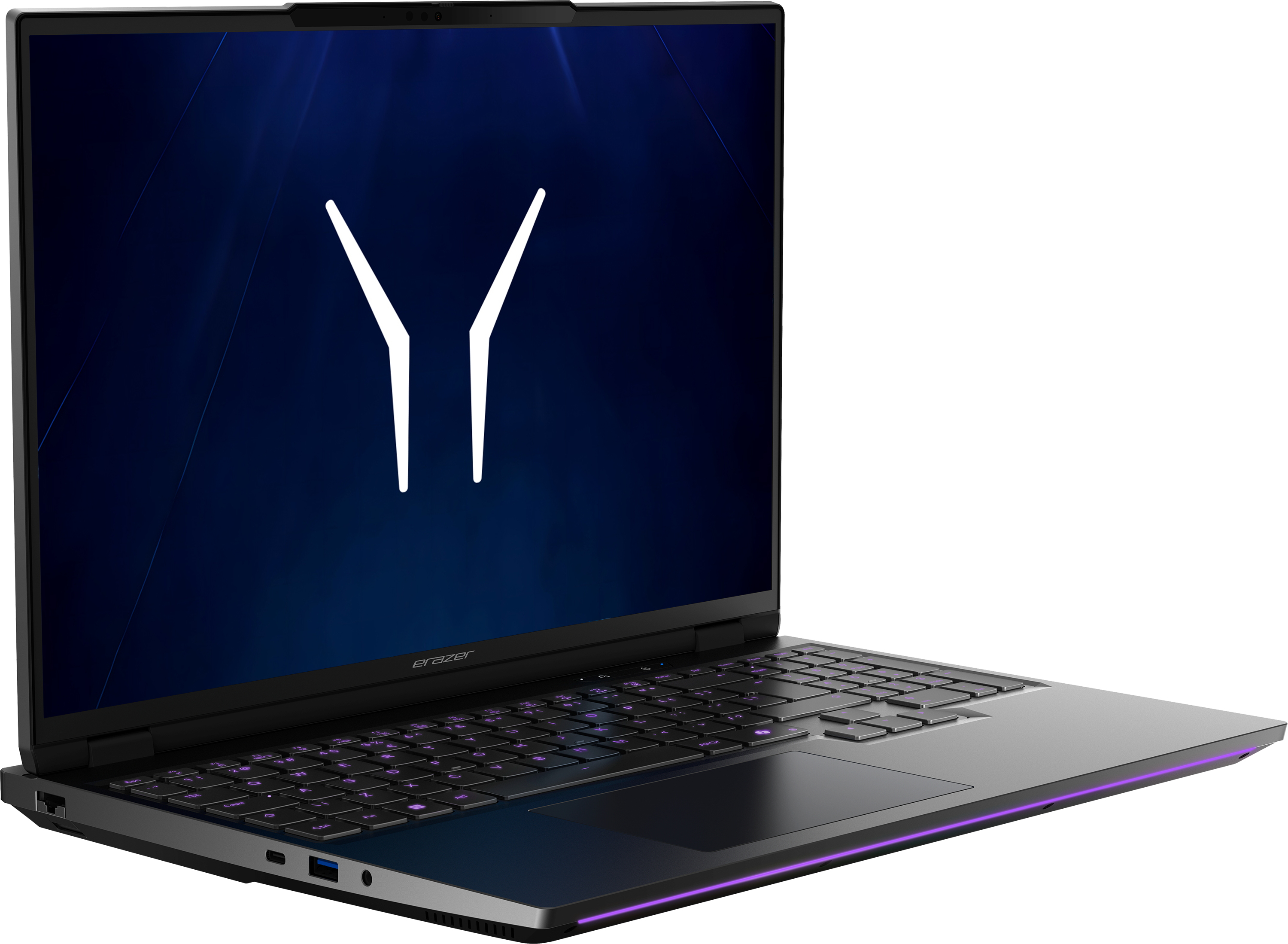 Ein offener, grauer Laptop mit beleuchteter Tastatur und einem blauen Hintergrund.