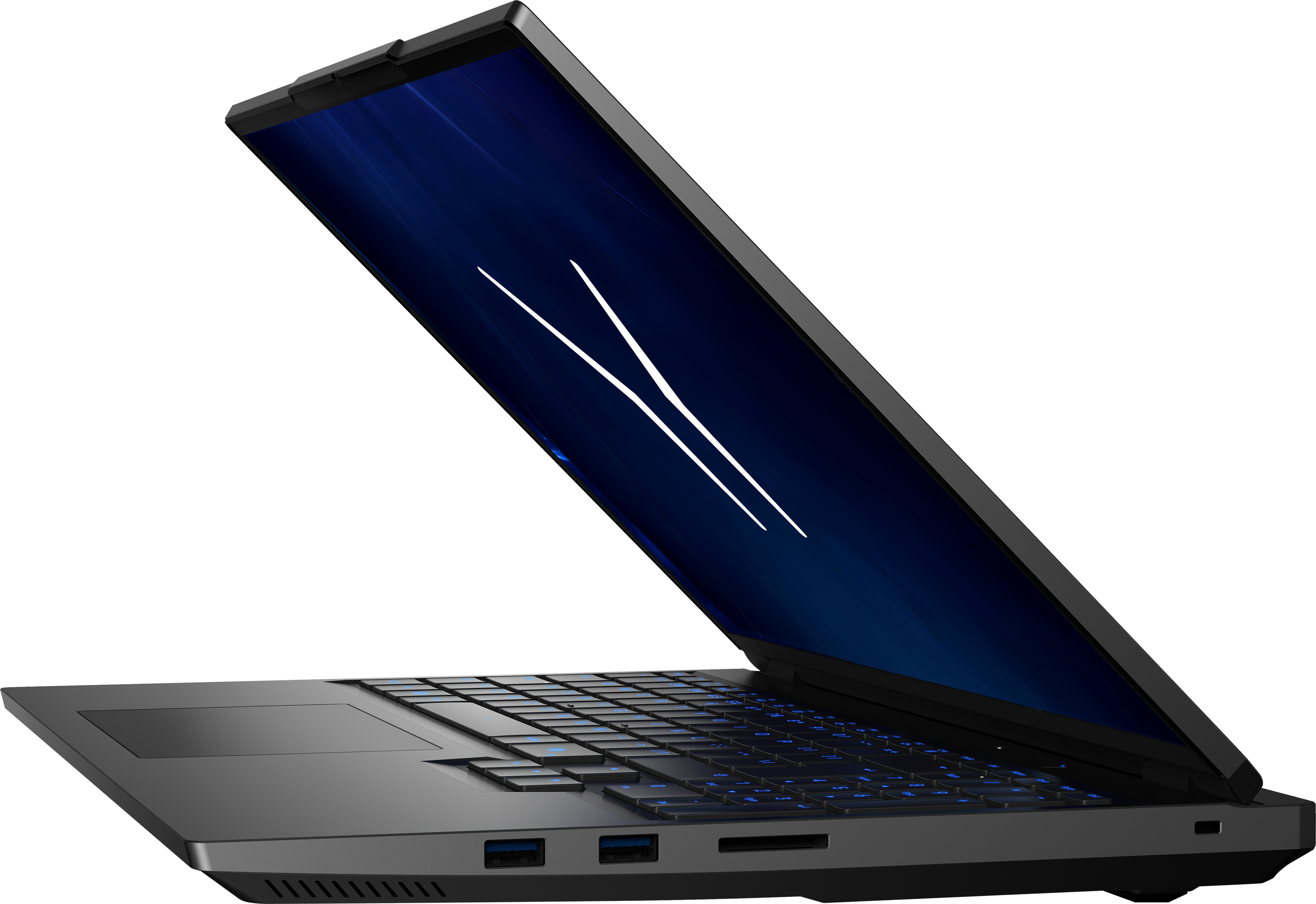 Ein offener, dunkler Laptop mit blauer Tastaturbeleuchtung und einem dunklen Bildschirm.