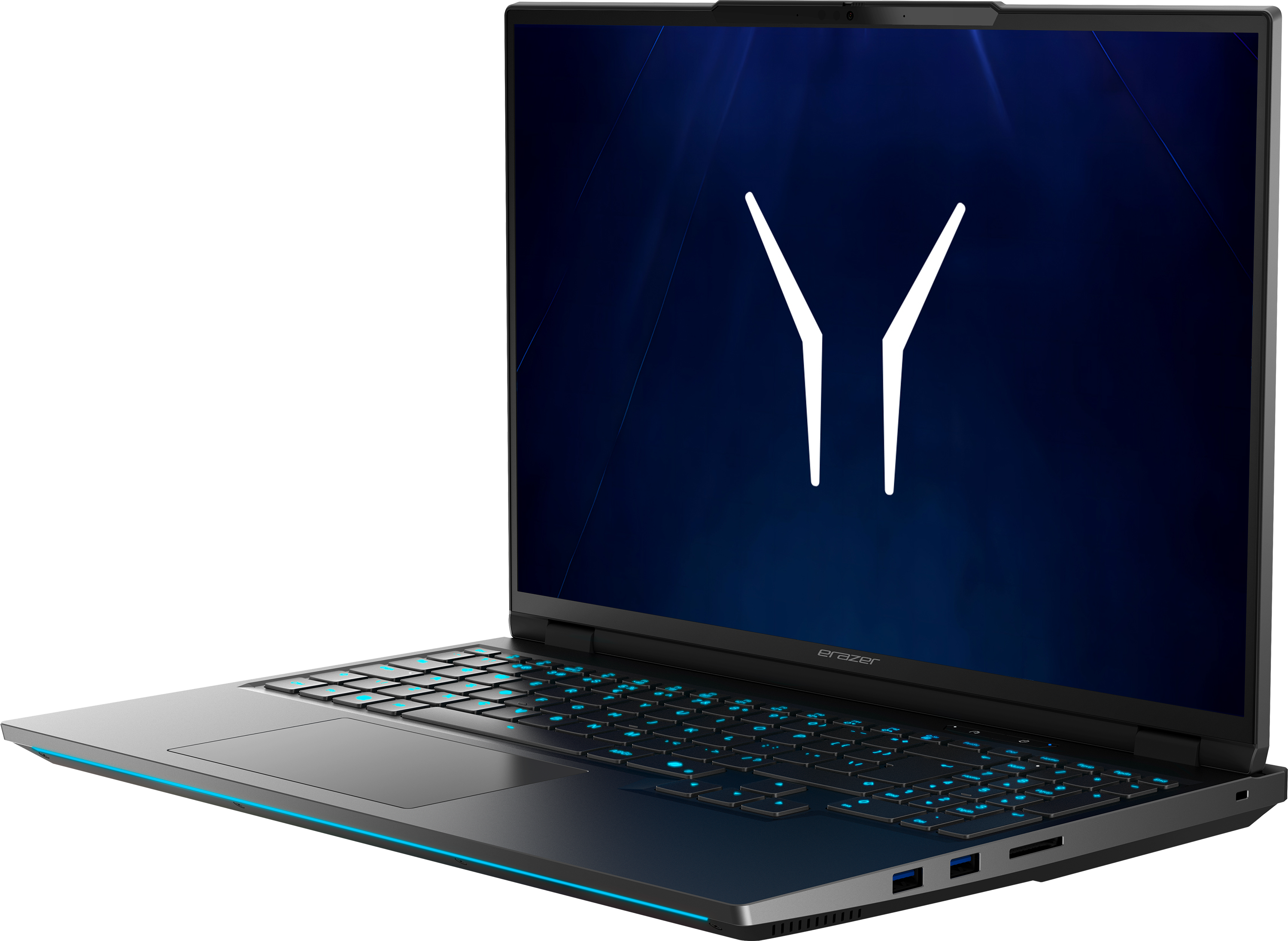 Ein geöffneter Laptop mit blau beleuchteter Tastatur und einem Y-Logo auf dem dunklen Bildschirm.