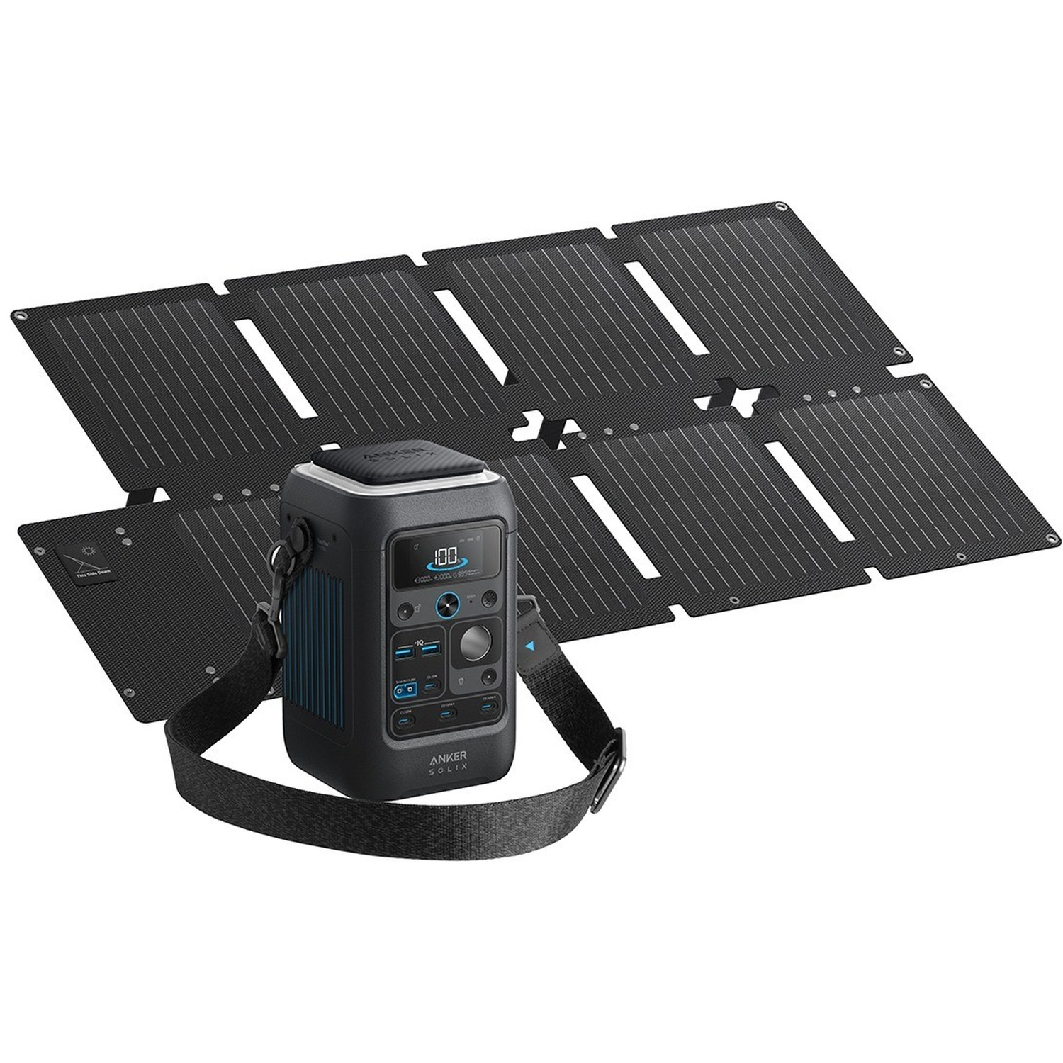 Panneau solaire noir et station d'alimentation portable avec écran et sangle.