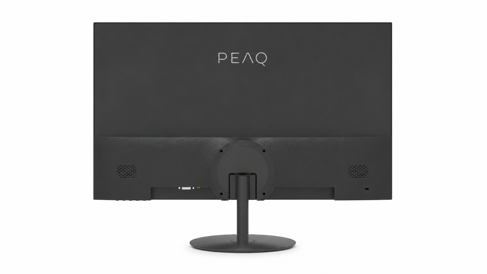 PEAQ logolu siyah monitörün arkası, yuvarlak stand üzerinde.