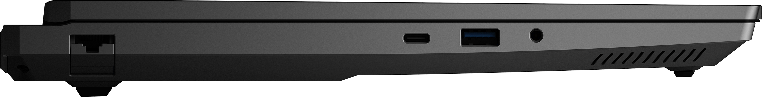 Schwarzer Laptop-Seite mit Anschlüssen: Ethernet, USB-C, USB-A, Kopfhörerbuchse.