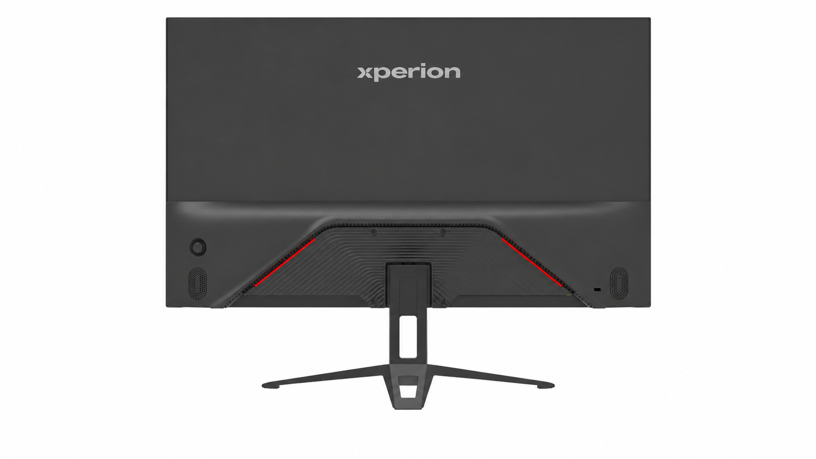 Kırmızı vurgulu aydınlatma ve Xperion logosuna sahip siyah monitörün arka görünümü.