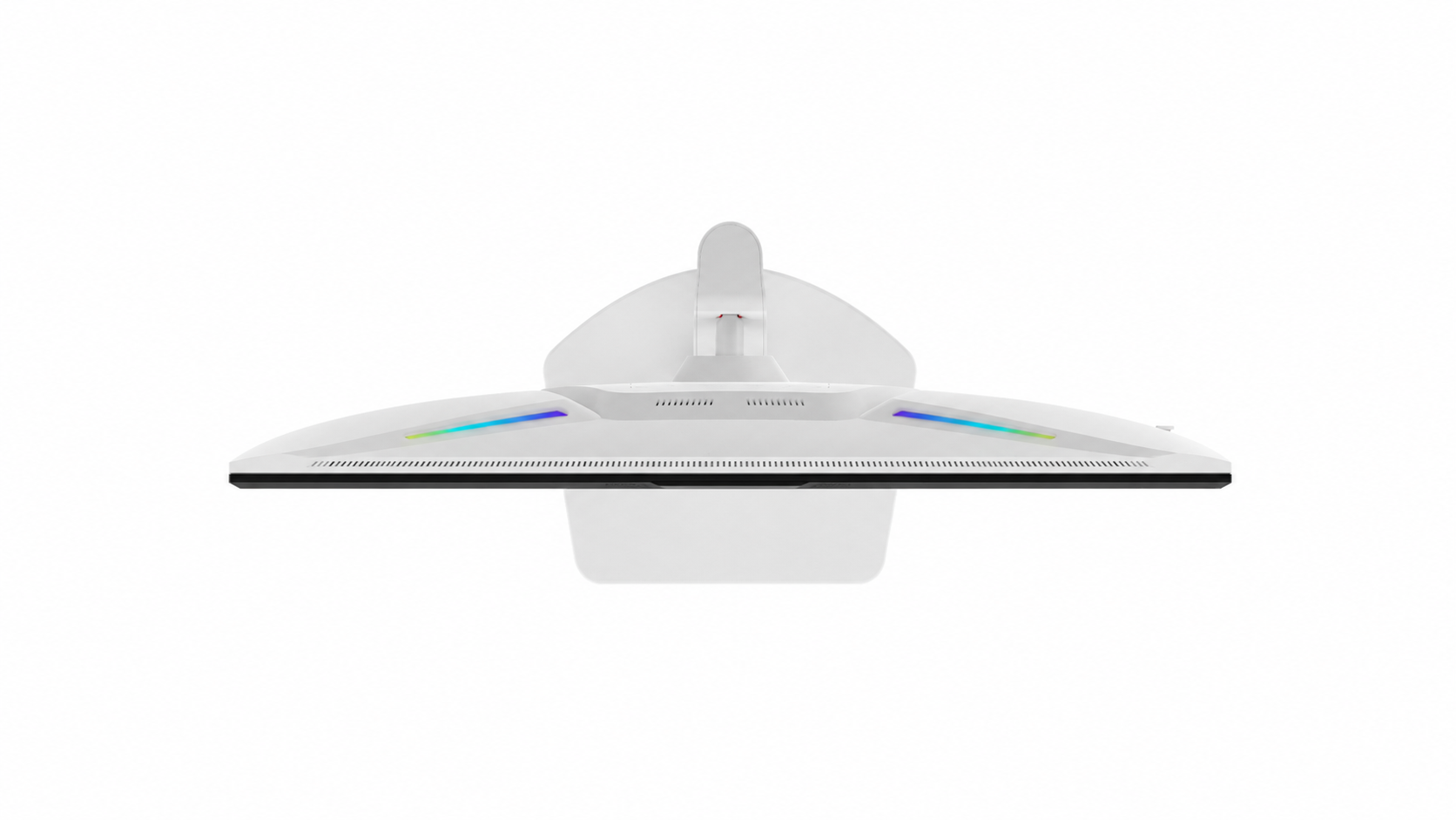Üstten görünüm beyaz bir monitör, yanlarda RGB ışık şeritleri.