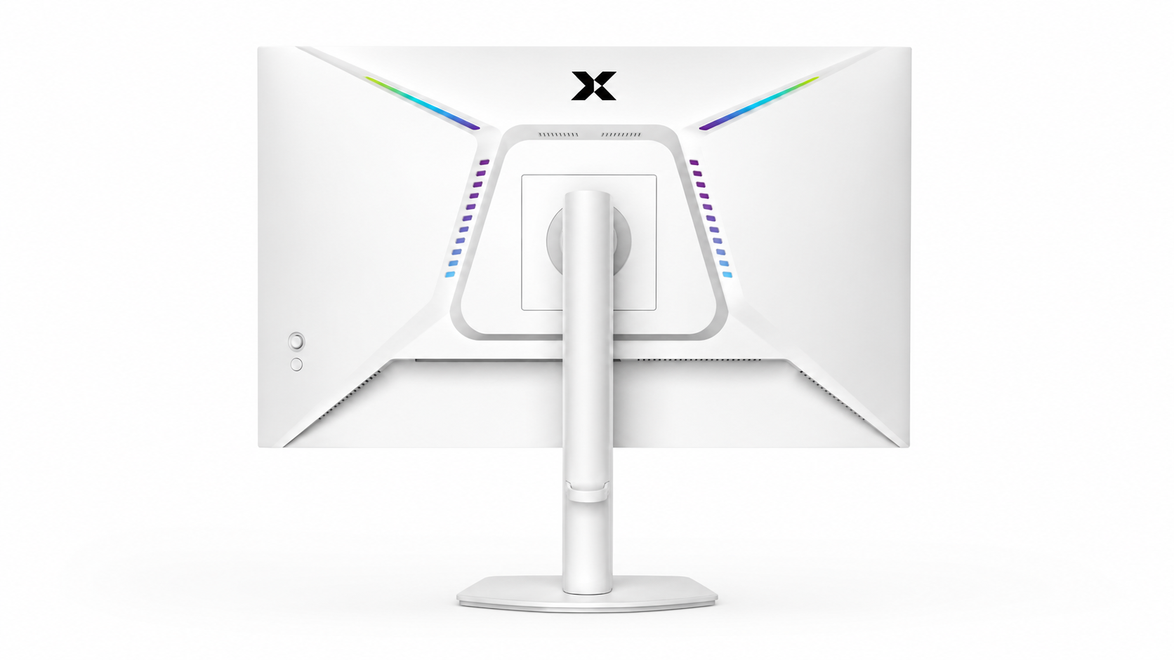 RGB aydınlatmalı beyaz monitörün arkası, 'X' logosu ve standı.
