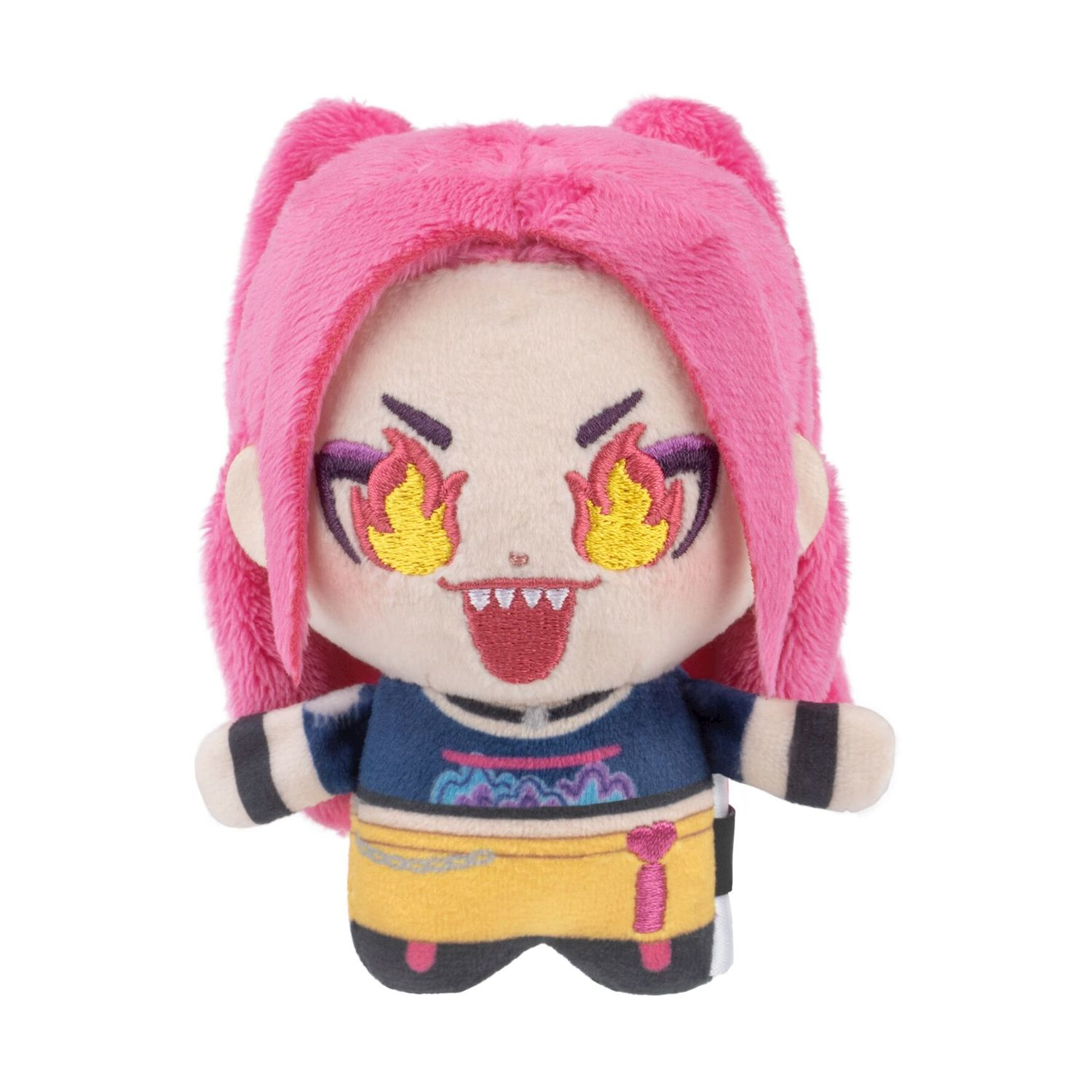 Un peluche con capelli rosa, occhi di fiamma ed espressione giocosa.