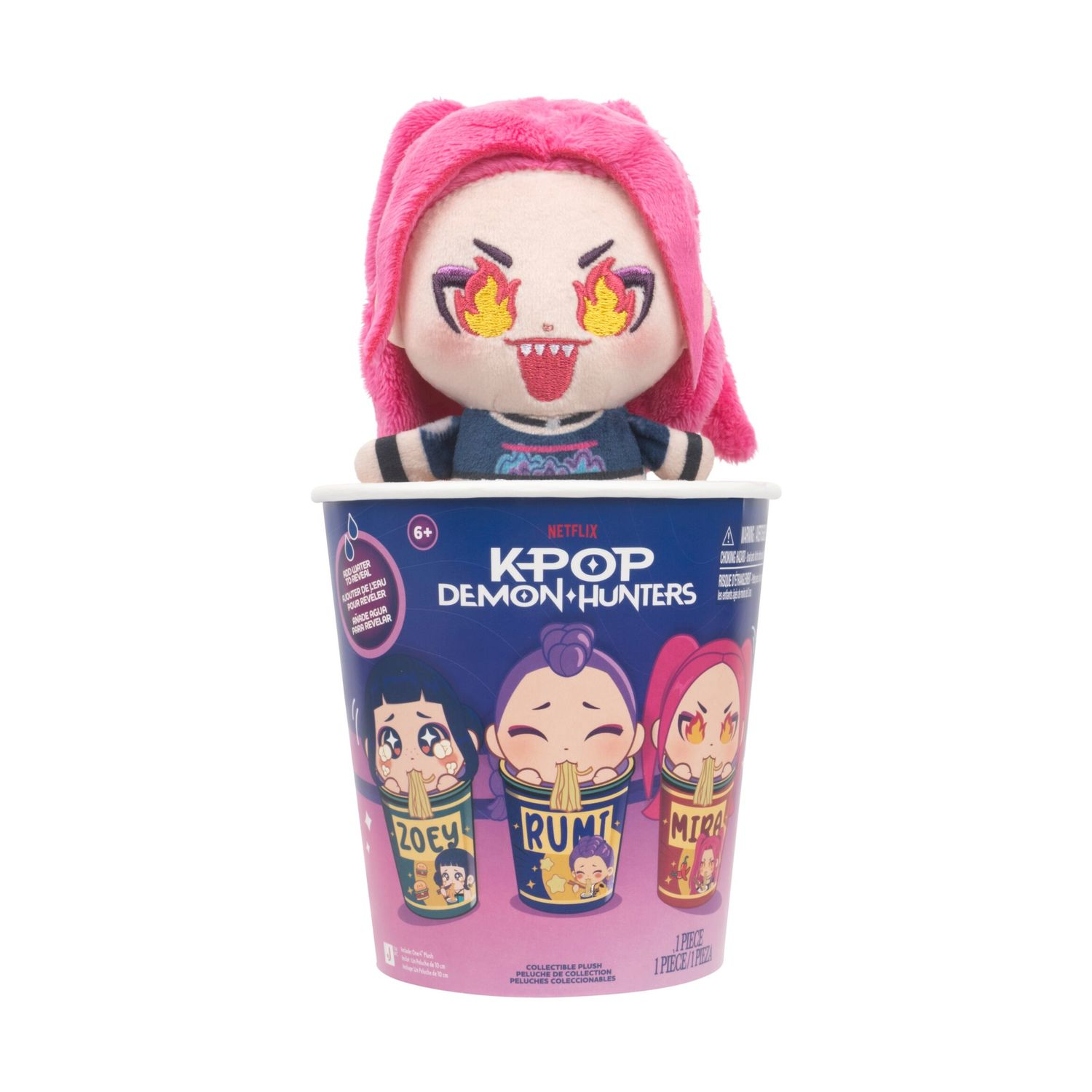 Peluche in una tazza di noodle Netflix K-Pop Demon Hunters. Occhi di fuoco.