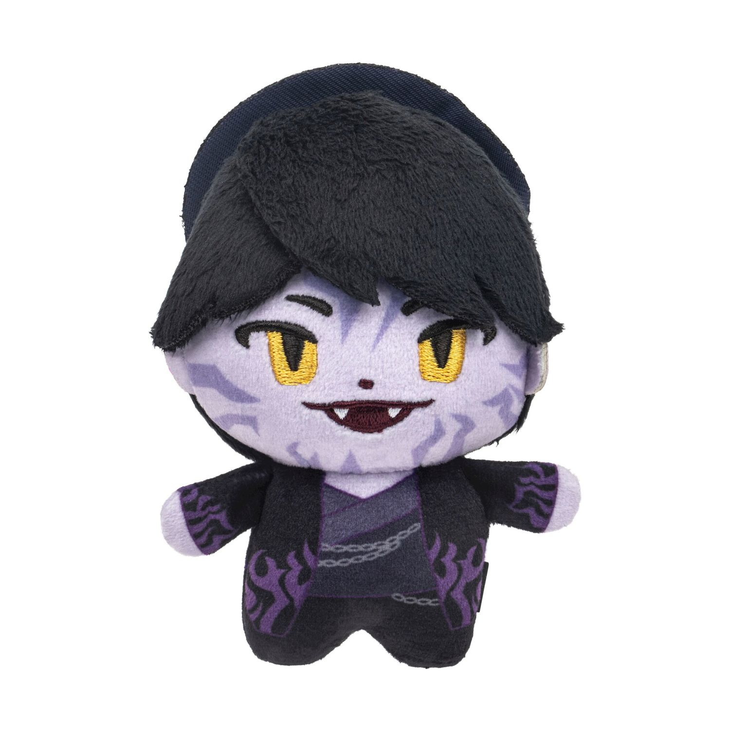 Un peluche viola con capelli neri, occhi gialli e segni viola.