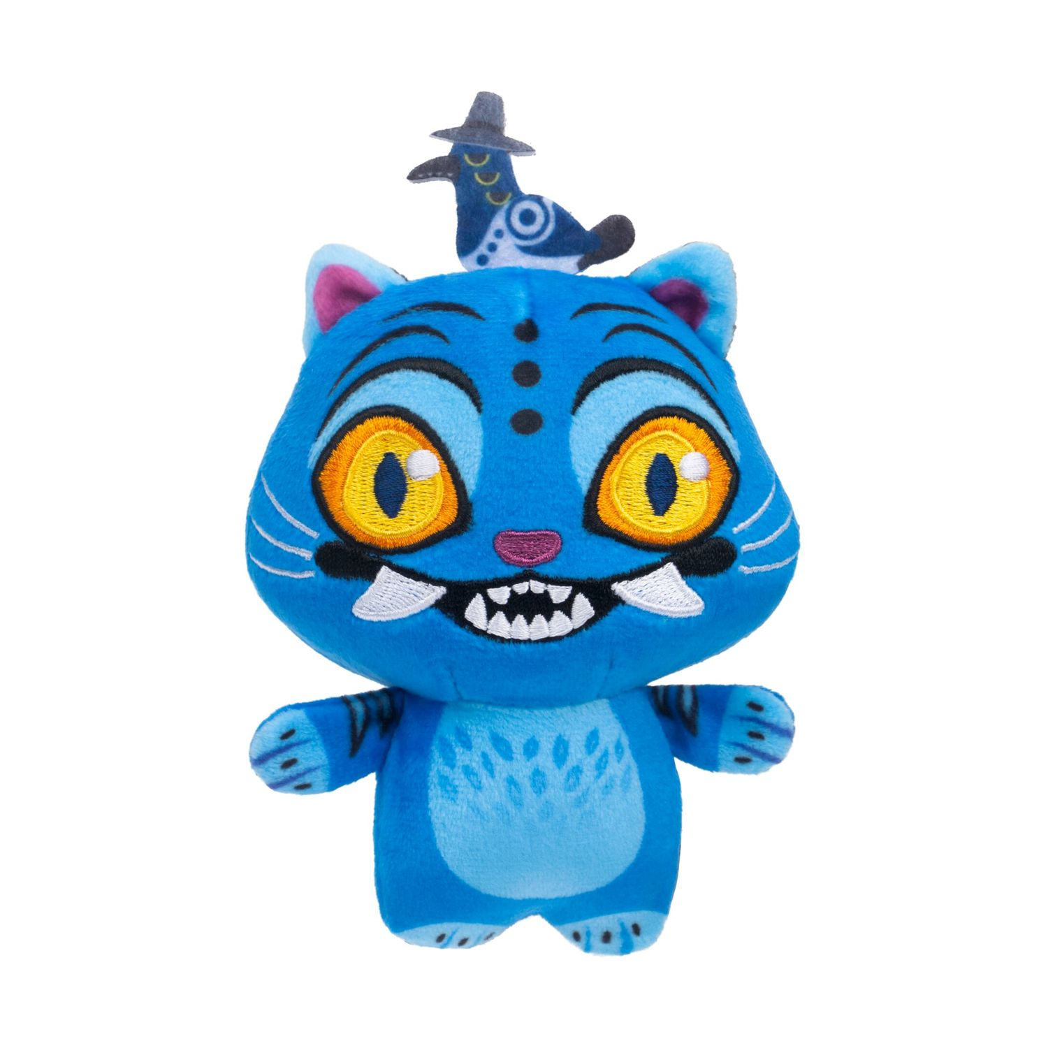 Un gatto di peluche blu con grandi occhi gialli e un piccolo uccello sulla testa.