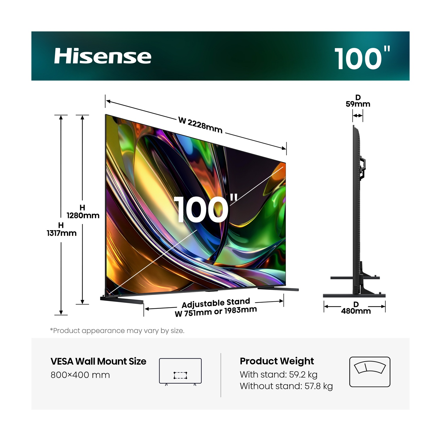 Specifiche TV Hisense 100": L 2228mm, A 1317mm, P 59mm. Supporto L 751mm/1983mm. VESA 800x400.